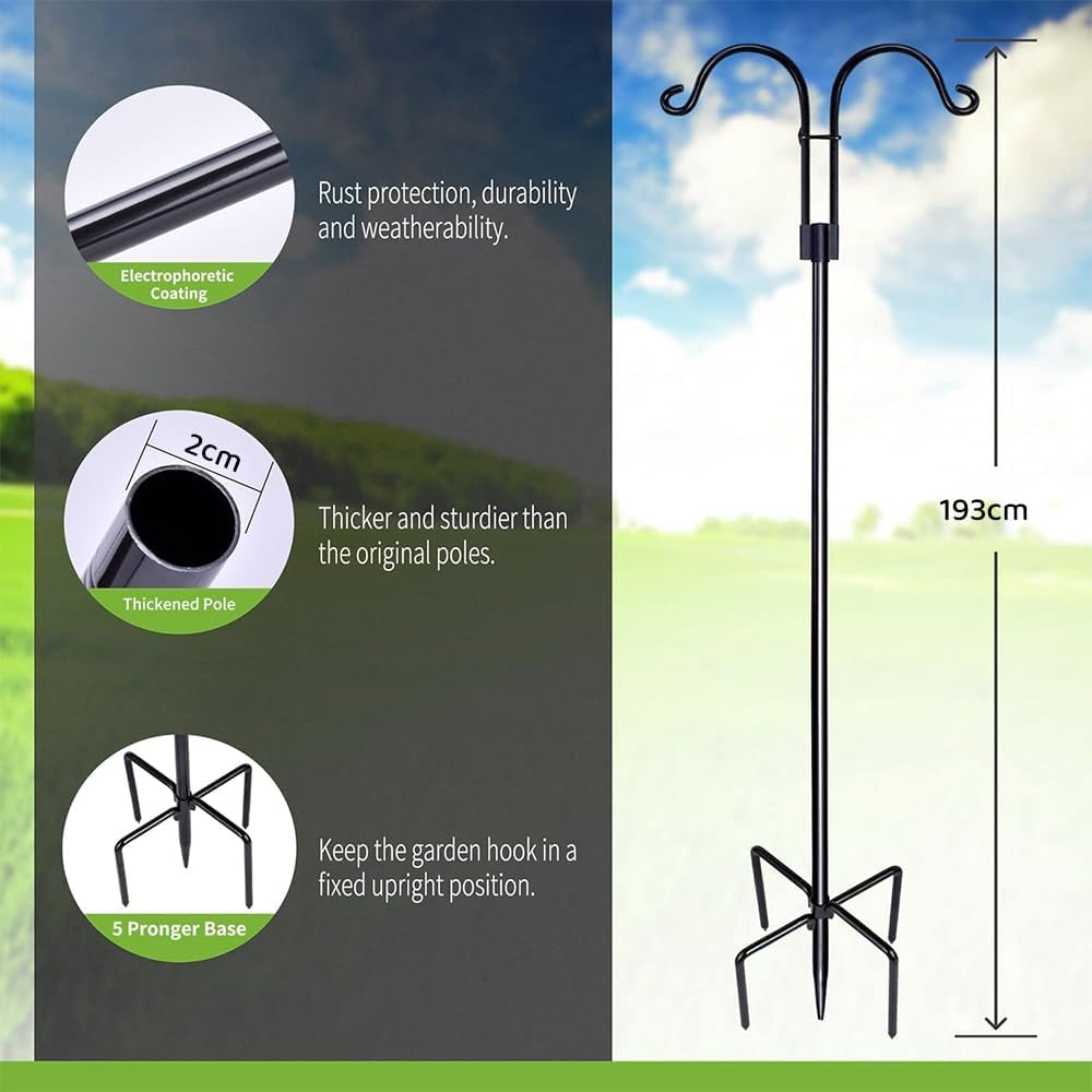 Double Shepherd Hooks for Outdoor &ndash; Heavy Duty Bird Feeder Pole with 5-Prong Base for Hanging Bird Feeders, Hummingbird Feeders, Lanterns, Plant Baskets, Garden Decoration image number 1