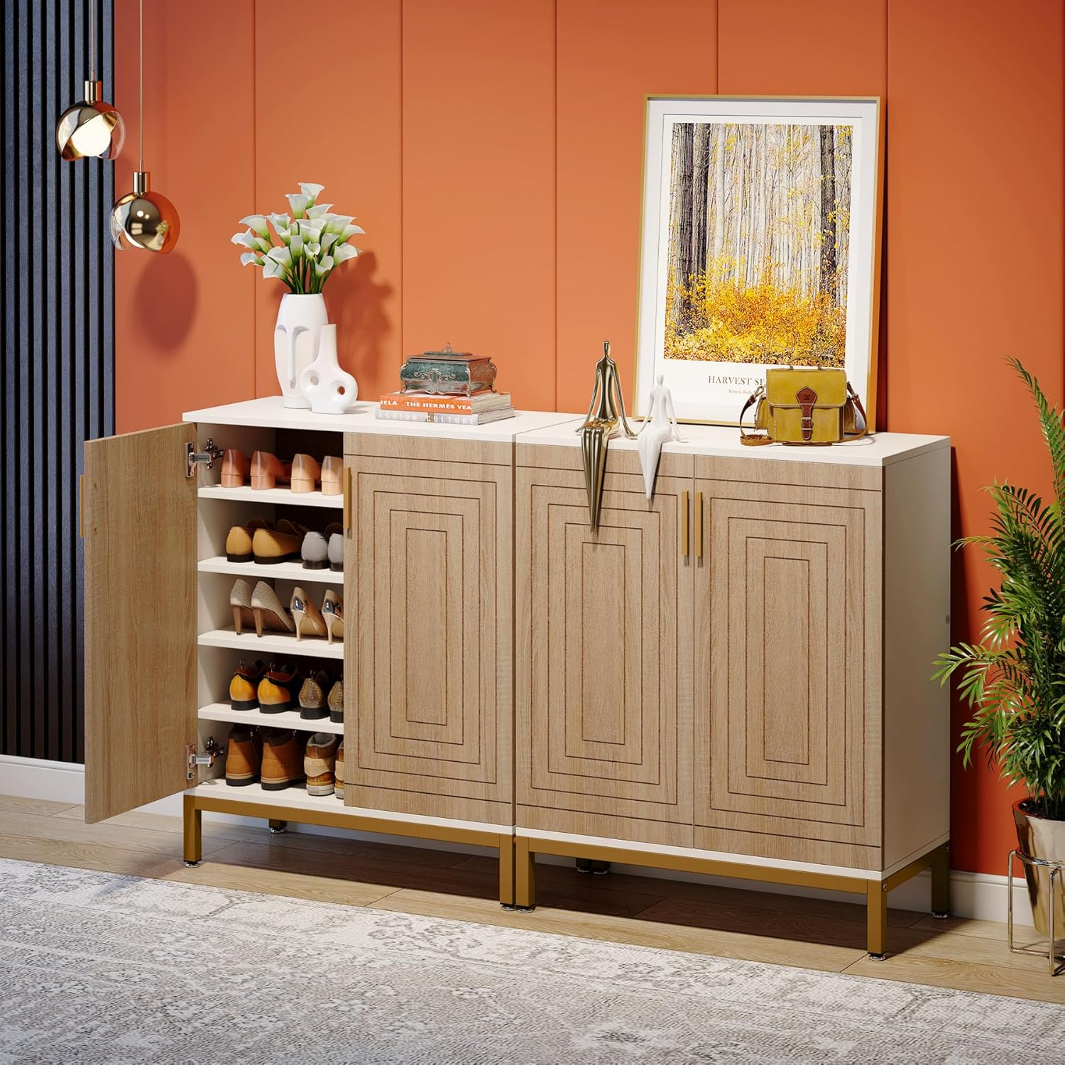 Tribesigns Shoe Cabinet with Doors, 20 Pairs Entryway Shoe Storage Cabinet with Shelves, 5-Tier Modern Free Standing Shoe Racks Storage Organizer for Closet, Living Room, Bedroom(White/Natural) - Brown/Black image number 3