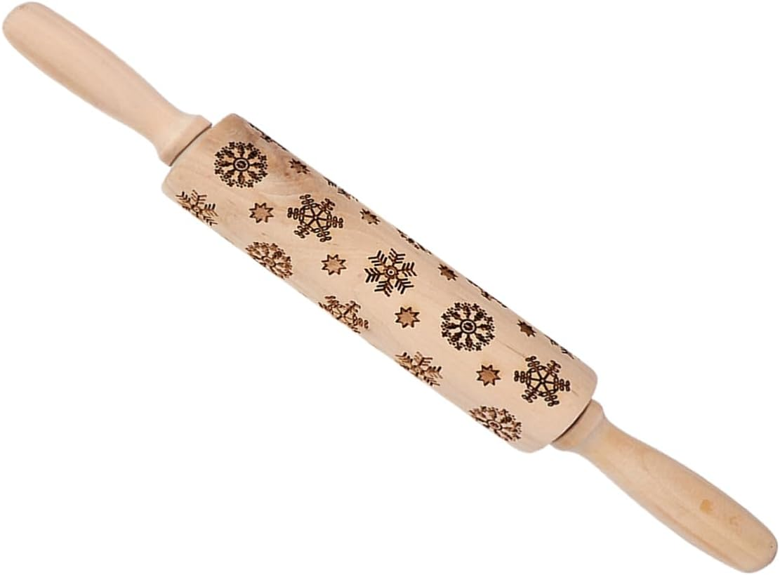 Snowflake Print Rolling Pin Wooden Christmas Embossing Roller Non-Slip Handle for Baking image number 3