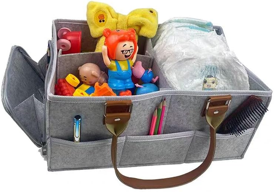 LEHEGONGBA Diaper Caddy Organizer Large Size 38X26X18Cm Baby Nappy Caddy Premium Leather Handles Multi Pocket Grey Nursery Storage Portable Baby Essentials Tote Bag image number 2