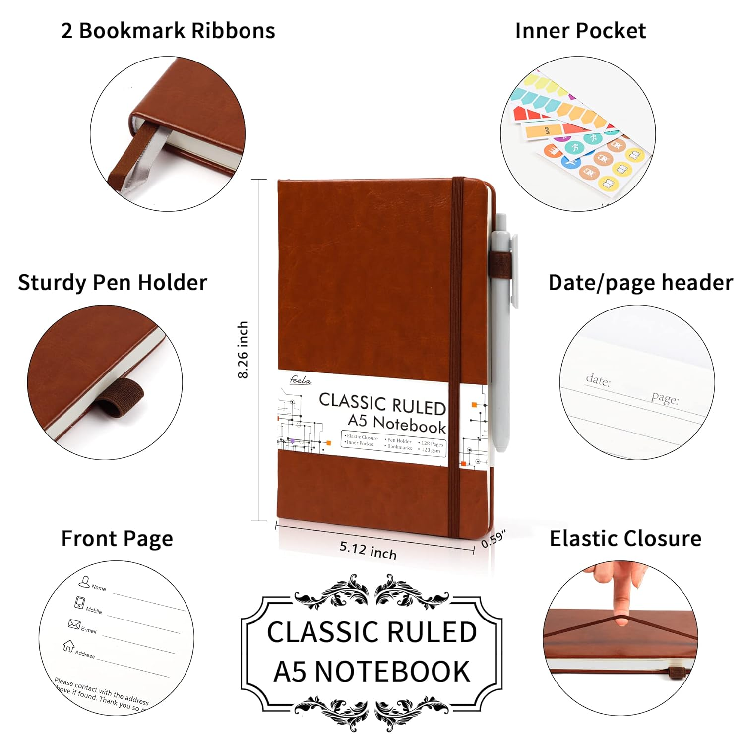Feela 3 Pack Notebook Journals Bulk with 3 Black Pens, A5 Hardcover Notebooks Classic Ruled Lined Journal Set with Pen Holder for Work Business Journaling Note Taking, 120 GSM, 5.1&rdquo;X8.3&rdquo;, Brown image number 1