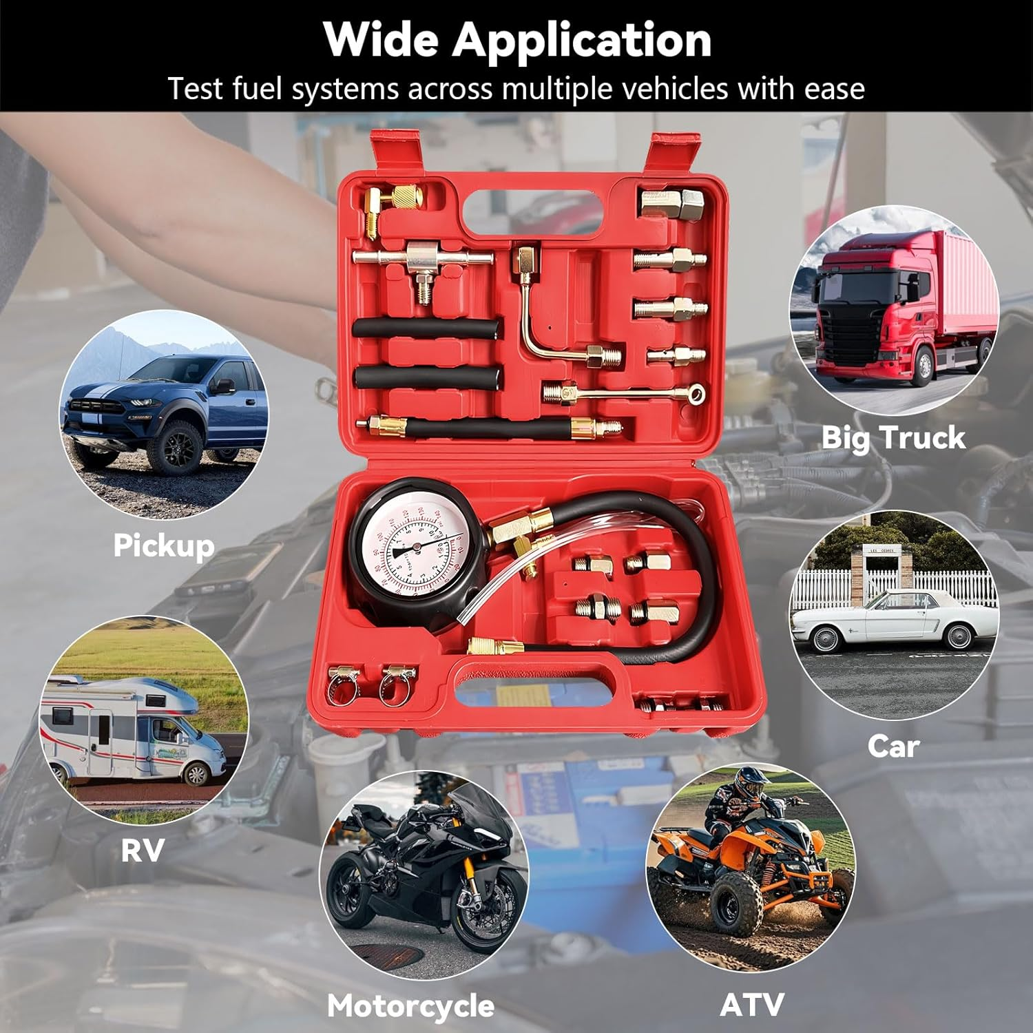 0-140PSI Fuel Pressure Tester Kit for Gasoline Engines Gasoline Pump Pressure Tester Automotive Fuel Pump and Injector Diagnostic Tool with Hoses & Adapters for Car, Truck, Motorcycle, ATV, RV, 20Pcs image number 3