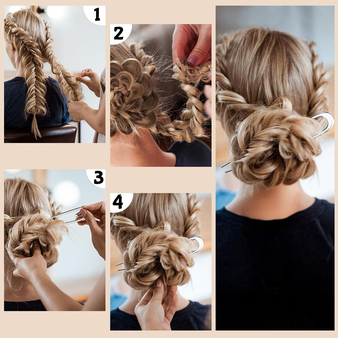 Heanvmyss French Hair Pin, Pack of 3 14 Cm U-Shaped French Twist Hair Pins, Metal Hair Pins, Large, Stylish Vintage Hair Fork, Hair Clips for Women, Girls (Gold + Silver + Black) image number 5