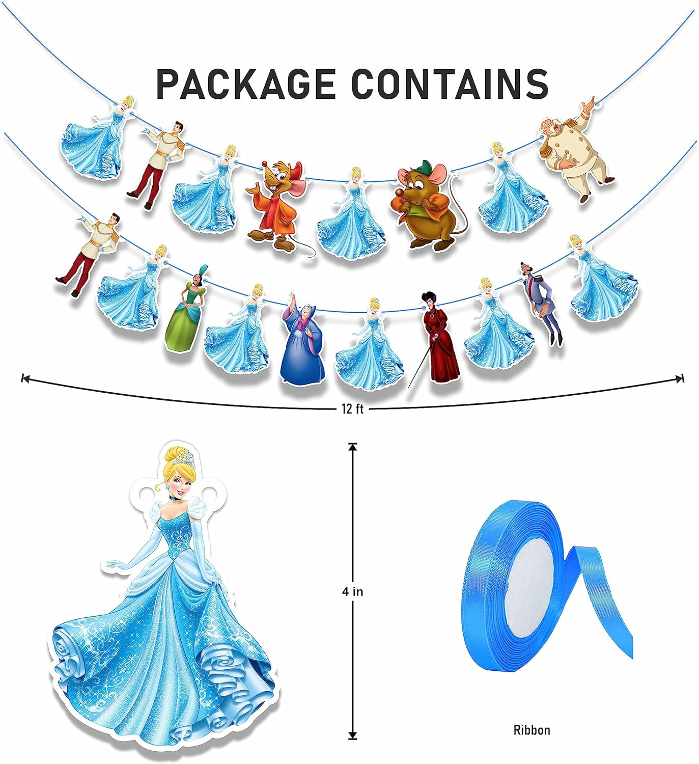 Cinderela Garland Decorations for Princess Birthday Parties, Fairy Tale Celebrations, and Royal Events &ndash; Elegant Blue and Silver Banner with Castle, Glass Slipper, and Crown Designs image number 6