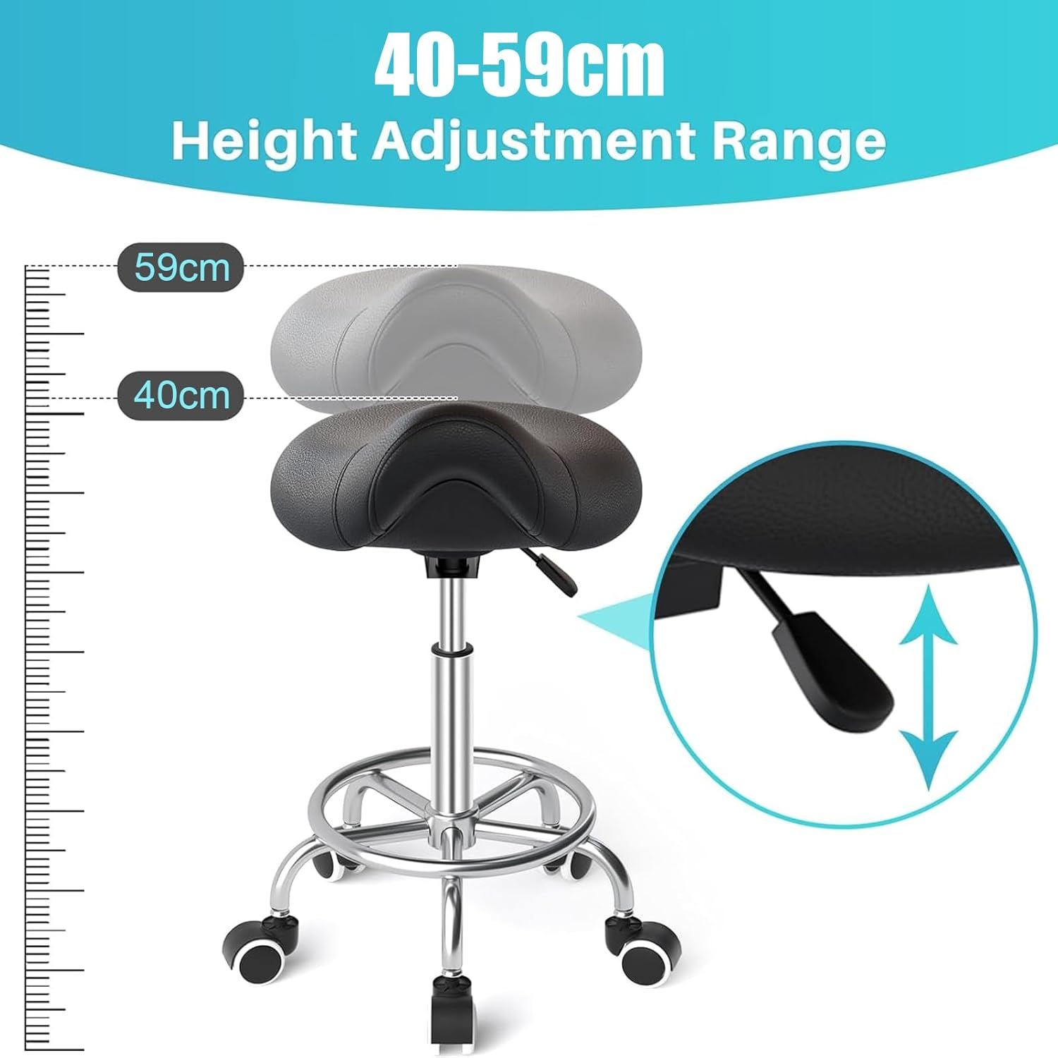 Rolling Stool Chair PU Leather Height Adjustable Swivel Drafting Work SPA Shop Medical Salon Stools with Wheels Office Chair,Black image number 3