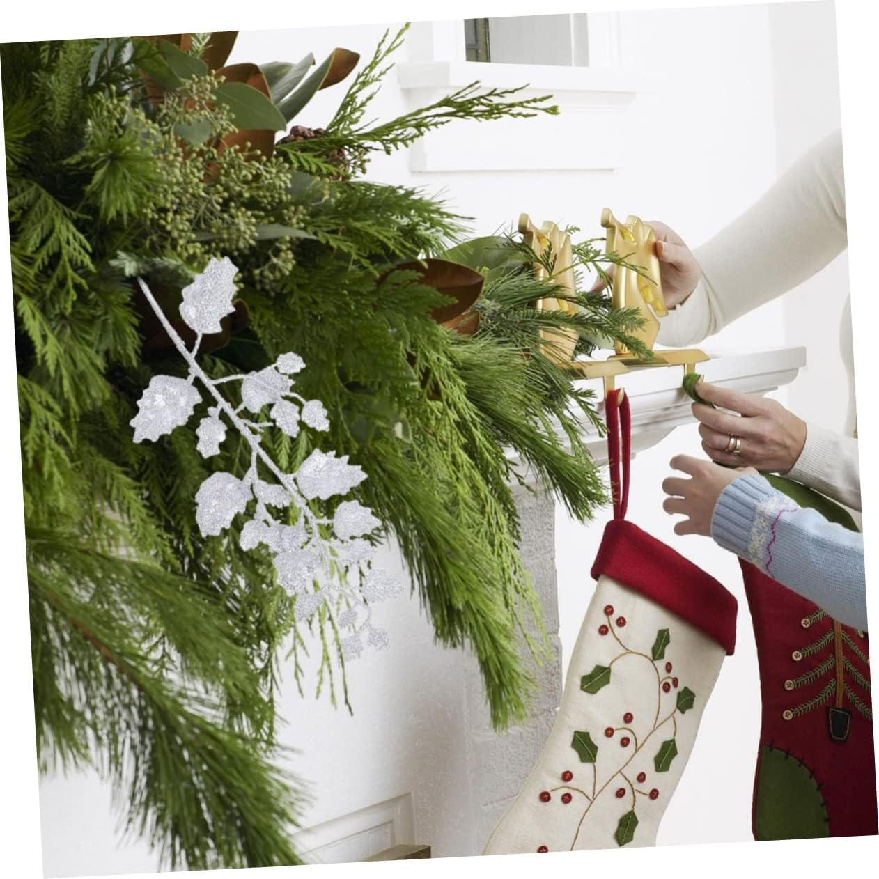 Christmas Glitter Leaves Faux Leaf Ornaments 10Pcs Holiday Decoration Home Party