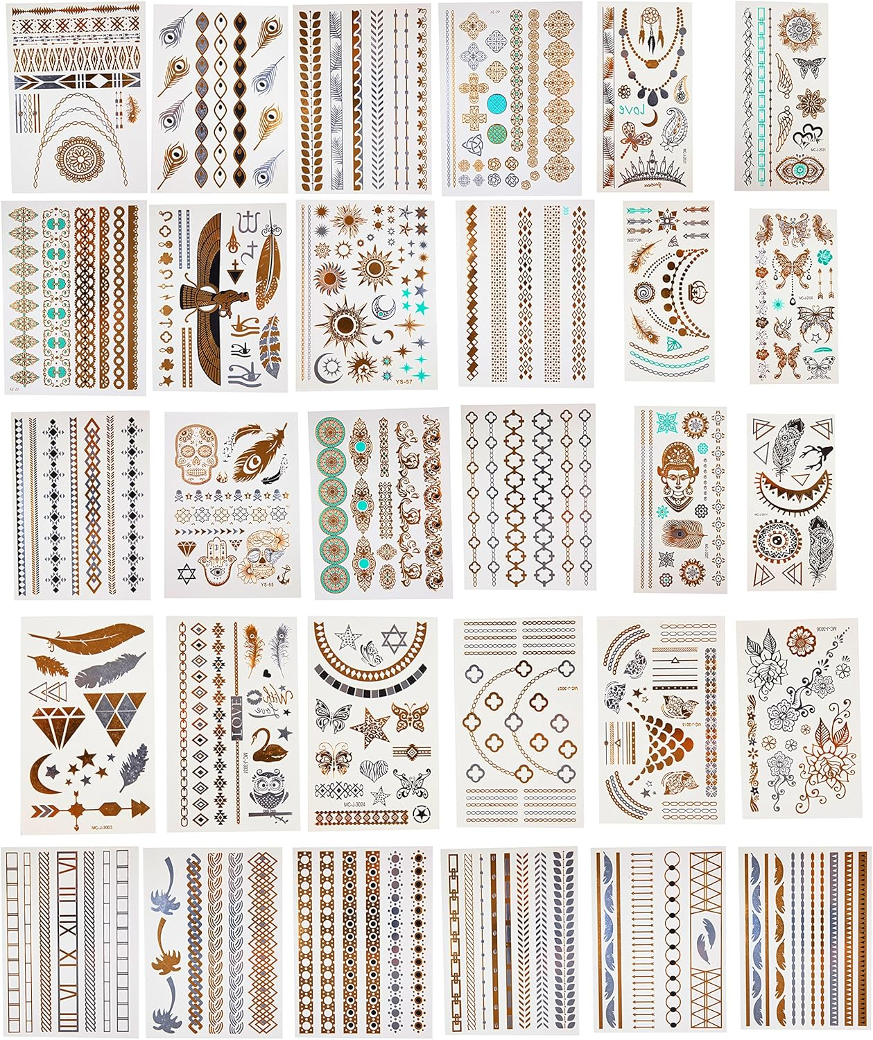 Metallic Temporary Tattoos- Six Sheets of Gold and Silver Long Lasting Flash Fashion Designs Series 5 Series 5 image number 1