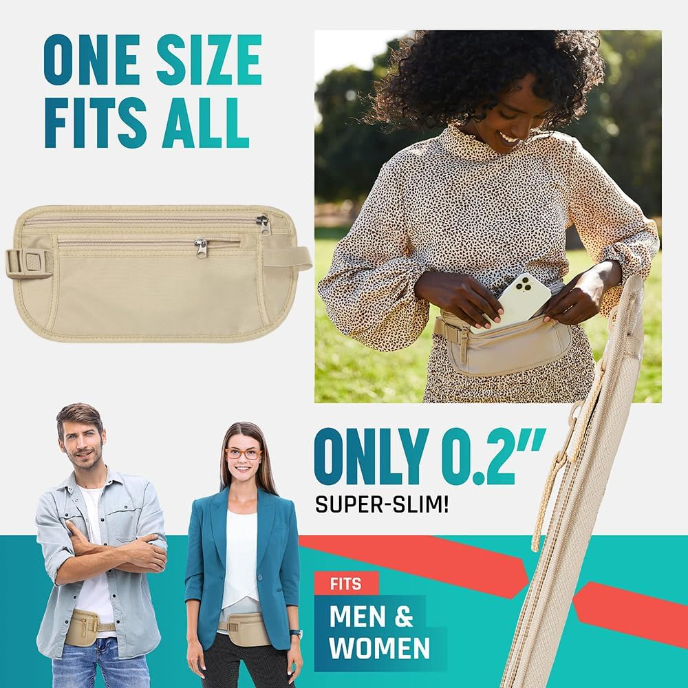 Yuanyoutong Secure Travel Money Belt, Anti-Theft Passport Holder Travel Wallet for Men Women, Hidden under Clothes Belt Wallet, Security Travel Pouch, Waterproof Waist Bumbag for Money, Cards and Keys, Beige, One Size, Double Zipper Pocket Design image number 4