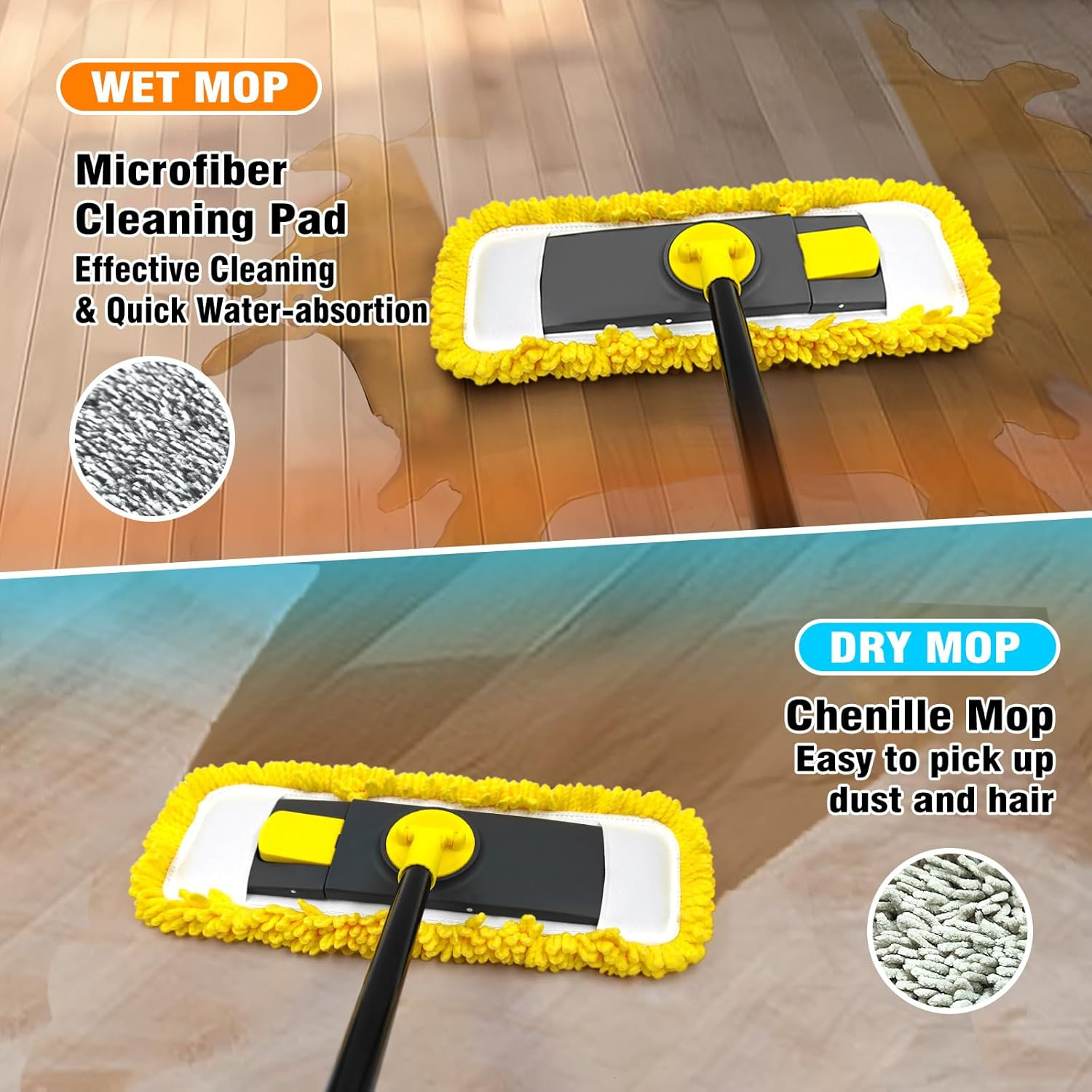 JEHONN Flat Mop for Floor Cleaning, Dry Wet Dust Mops with Microfiber & Chenille Pads for Hard Wood Laminate Tile Vinyl Kitchen Bathroom Home (Yellow) image number 1