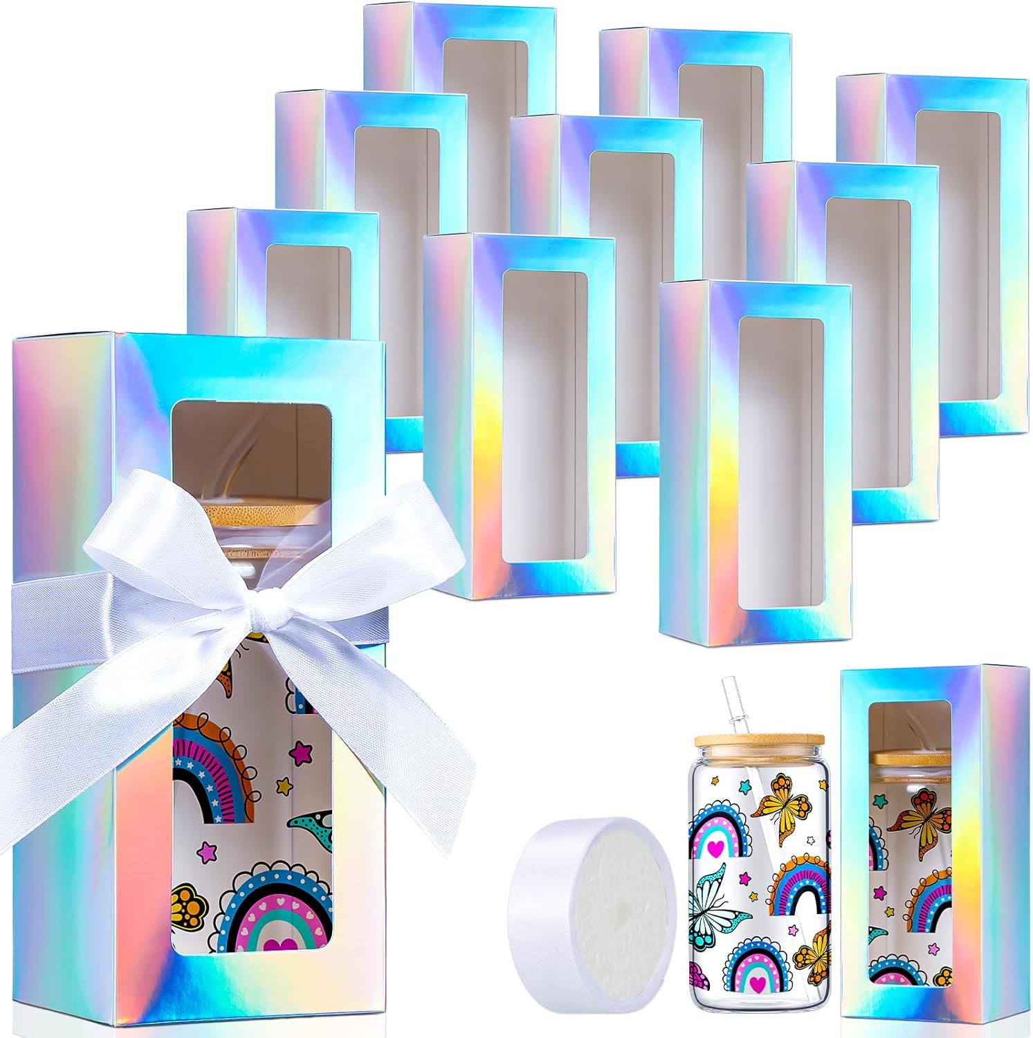 Honoson 24 Pcs Gift Boxes with Ribbon for Sublimation Glass Exhibition Boxes Transparent Gift Box for 12Oz 16Oz 20Oz Drinking Glasses Jars Sublimation Glass Can Blanks Tumbler Gift Box (White) - Black image number 3