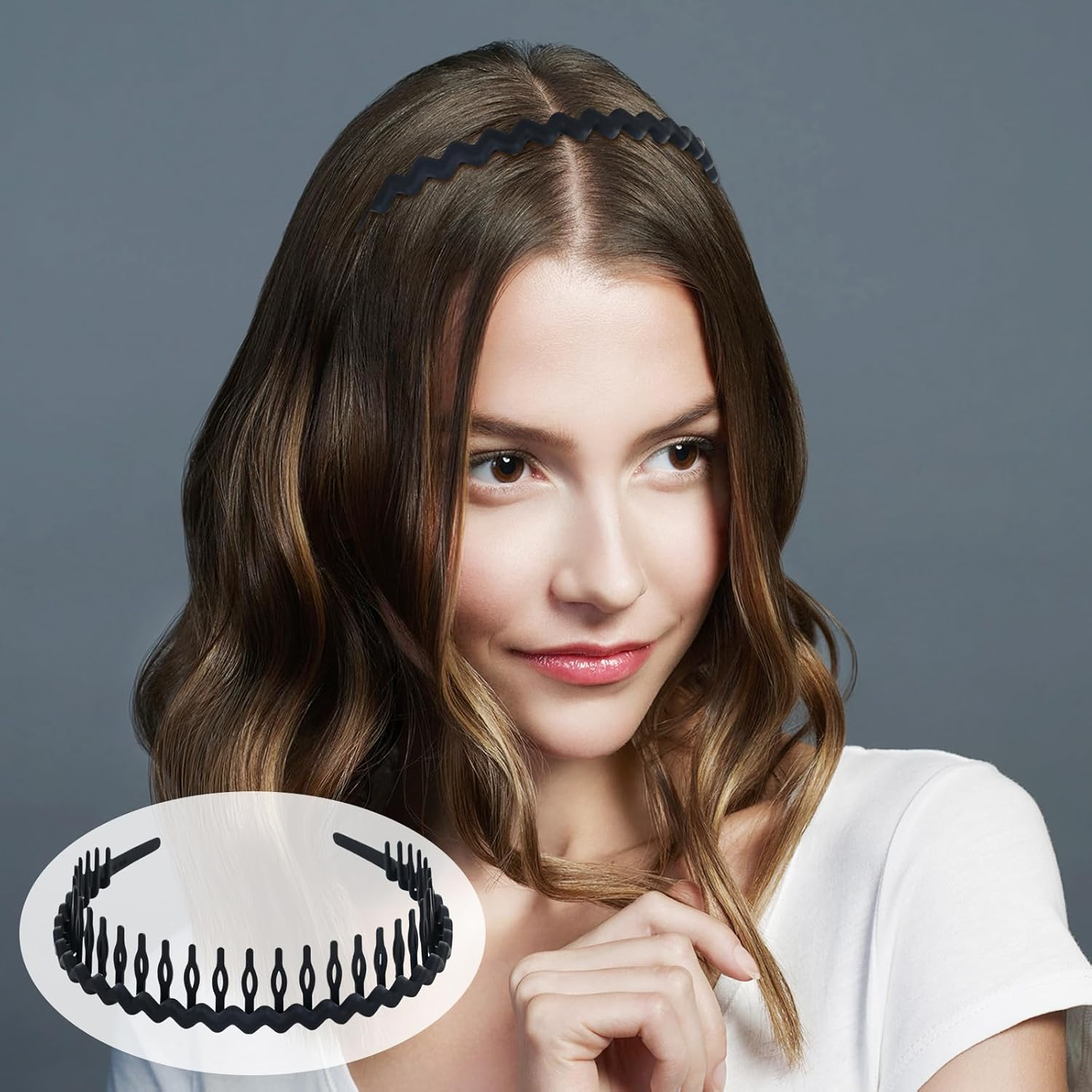 Cinaci Pack of 6 Non-Slip Sports Black Wavy Matte Plastic Headbands with Teeth Comb Elastic Thin Hair Bands Accessories for Women Men Girls Teens Children image number 5