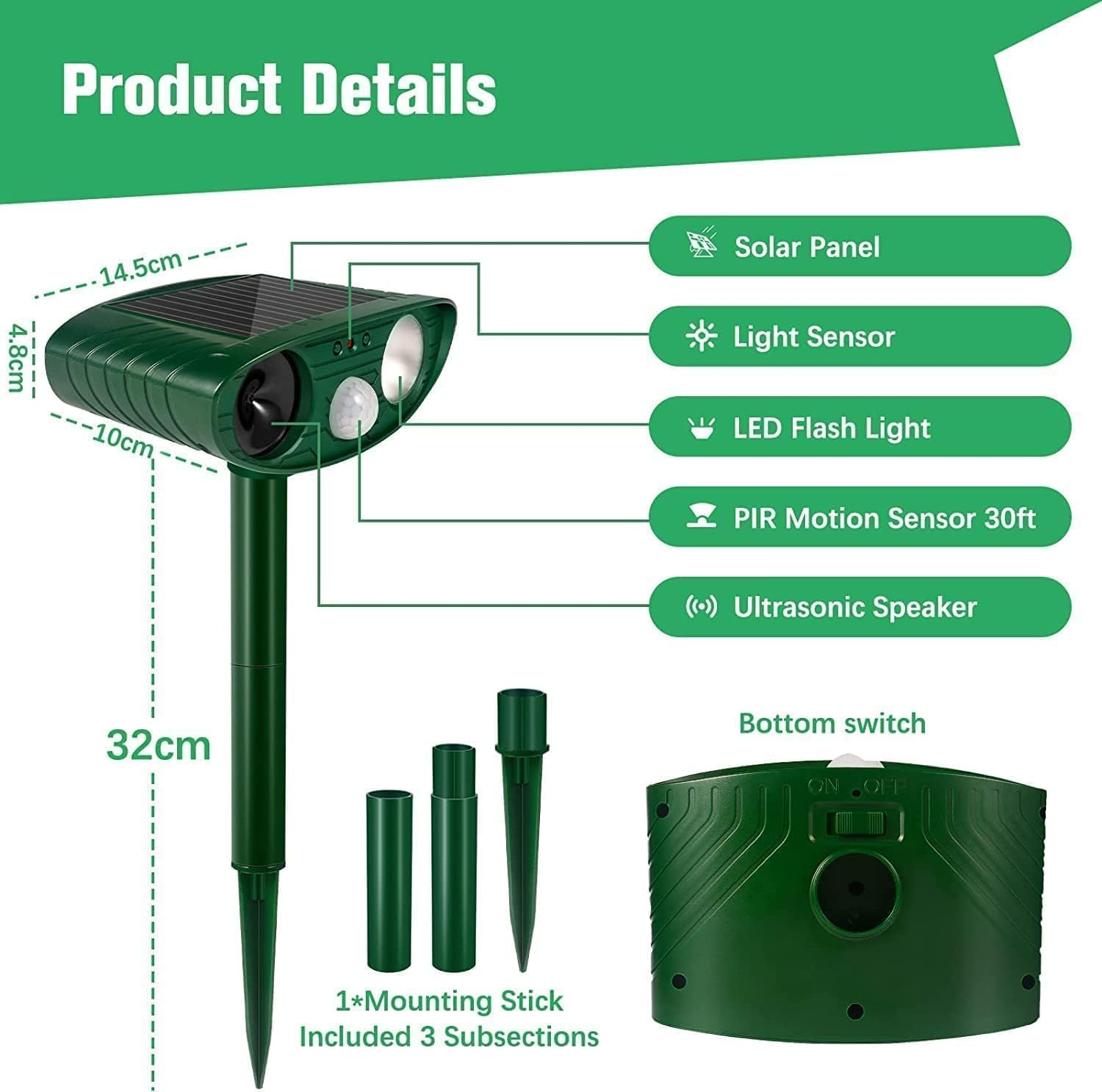 Cat Repellent Garden Ultrasonic Fox Repellant Cat Deterrent Pet Animal Deterants Solar Powered Waterproof Flashing Light Outdoor Farm Yard, Effective for Cats, Dogs, Foxes, Birds image number 3