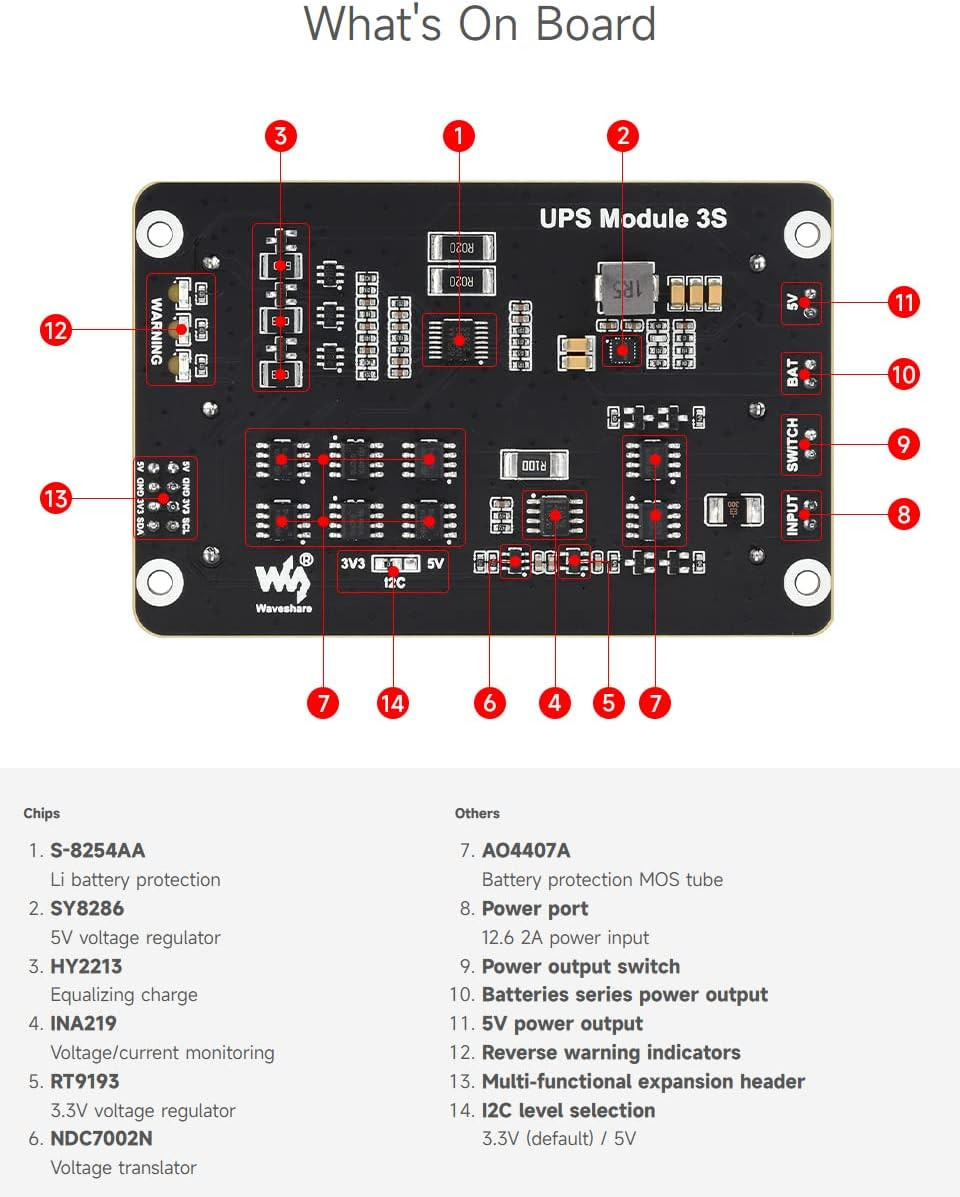 Waveshare Uninterruptible Power Supply (UPS) Module, Supports Charging and Power Output at the Same Time, 3S & 5V 5A Output, Compatible with Raspberry Pi Board image number 1