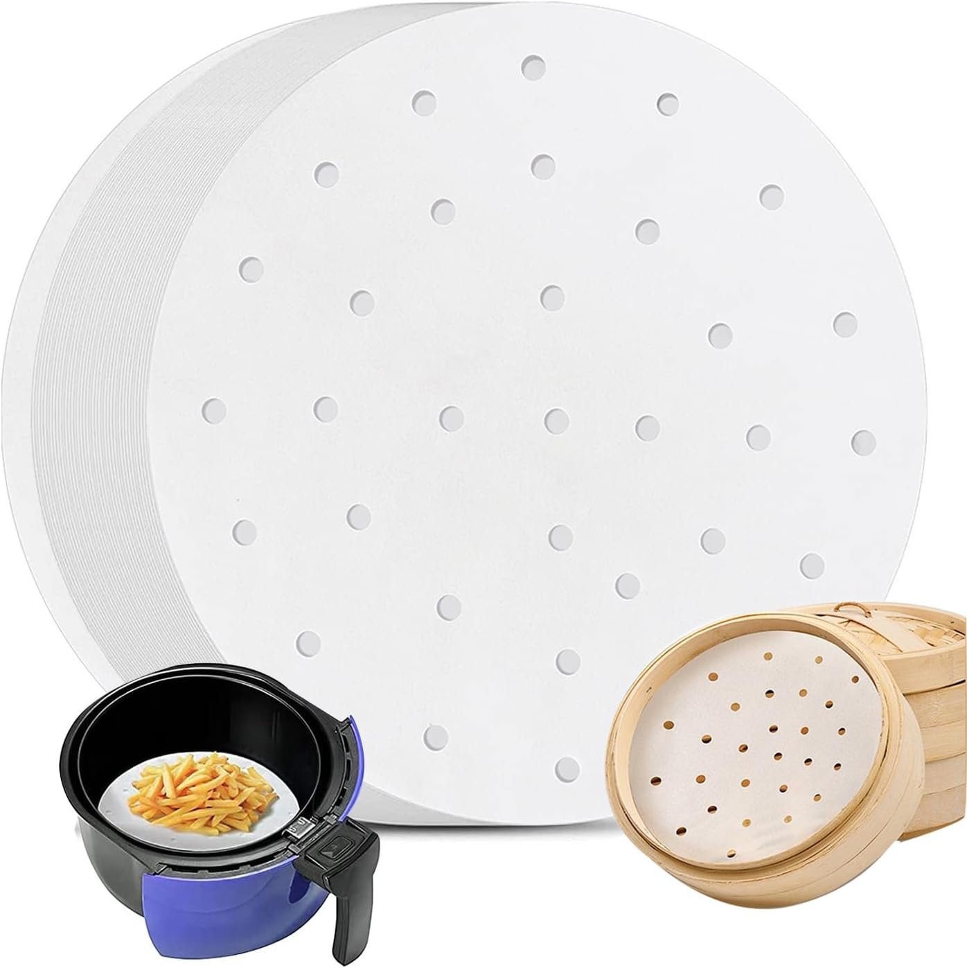 200 Pcs Air Fryer Liners, YIFARUBE 7Inch Bamboo Steamer Liners, Non Stick Perforated Parchment Sheets, round Bamboo Steamer Paper for Cake Pan Basket Baking Ovening image number 5