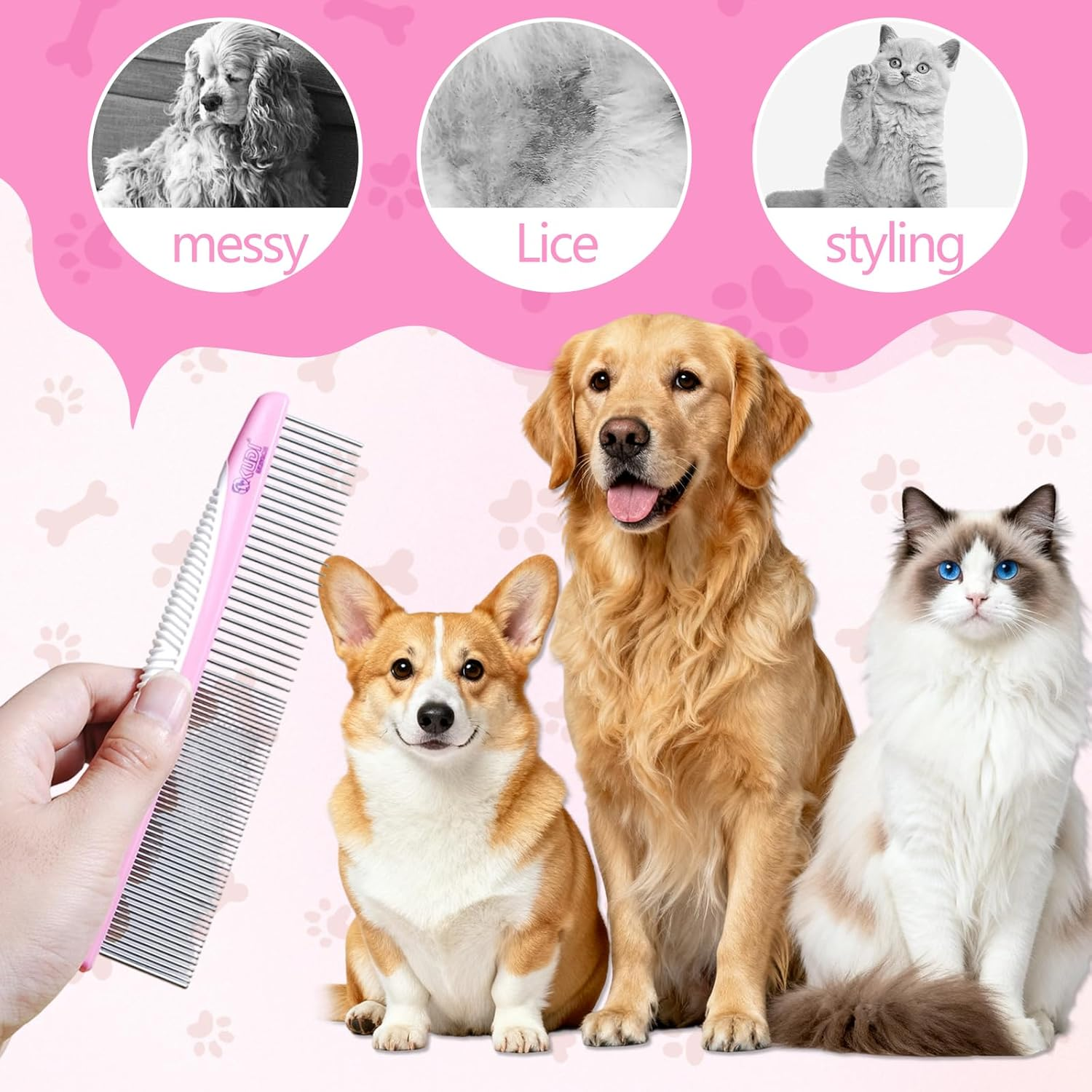 Flea Comb and Dust Comb for Dogs and Cats, Stainless Steel Dog Comb, Non-Slip ABS Handle, Cat Brush for Pet Grooming, Density and Wide Teeth for Different Combing Requirements (Pink)