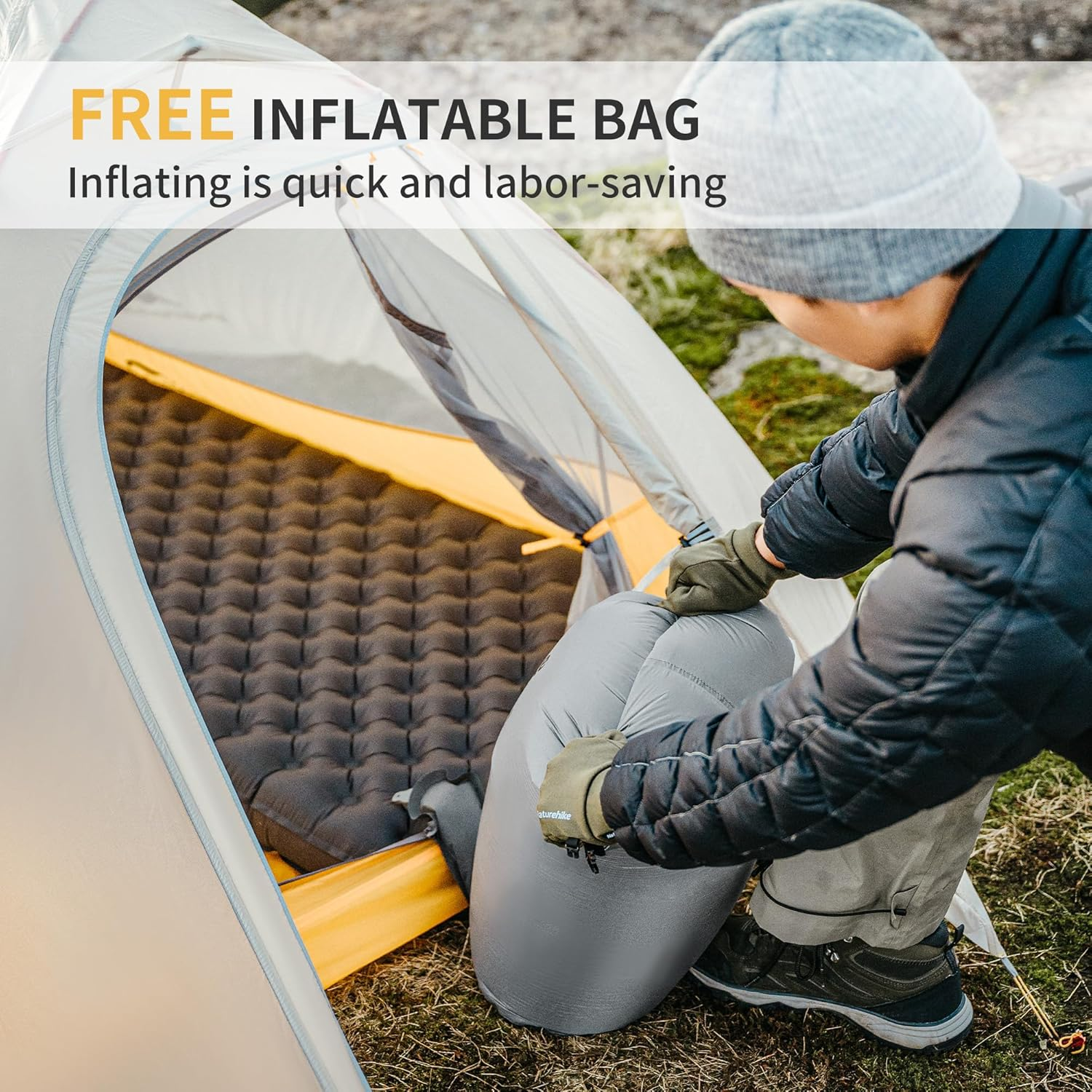 Naturehike TUYE 6.5 Ultralight Inflatable Sleeping Pad, Ultralight Camping Portable Sleeping Pad (Carbon Silver/Square/196 * 64CM) image number 3