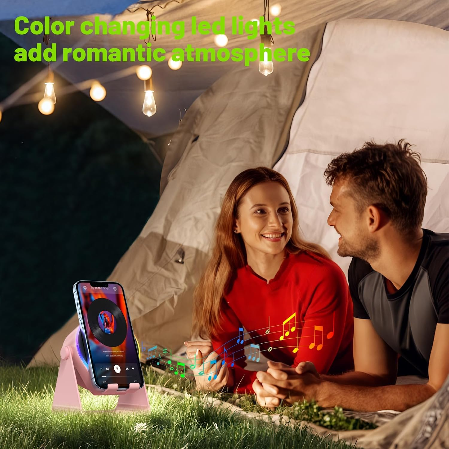 Wireless Induction Speaker, Cell Phone Stand with Bluetooth Speaker, Stereo Sound, RGB Ambient Light, Phone Holder Compatible with Iphone/Ipad/Android/Samsung Galaxy (Pink) - Black image number 2