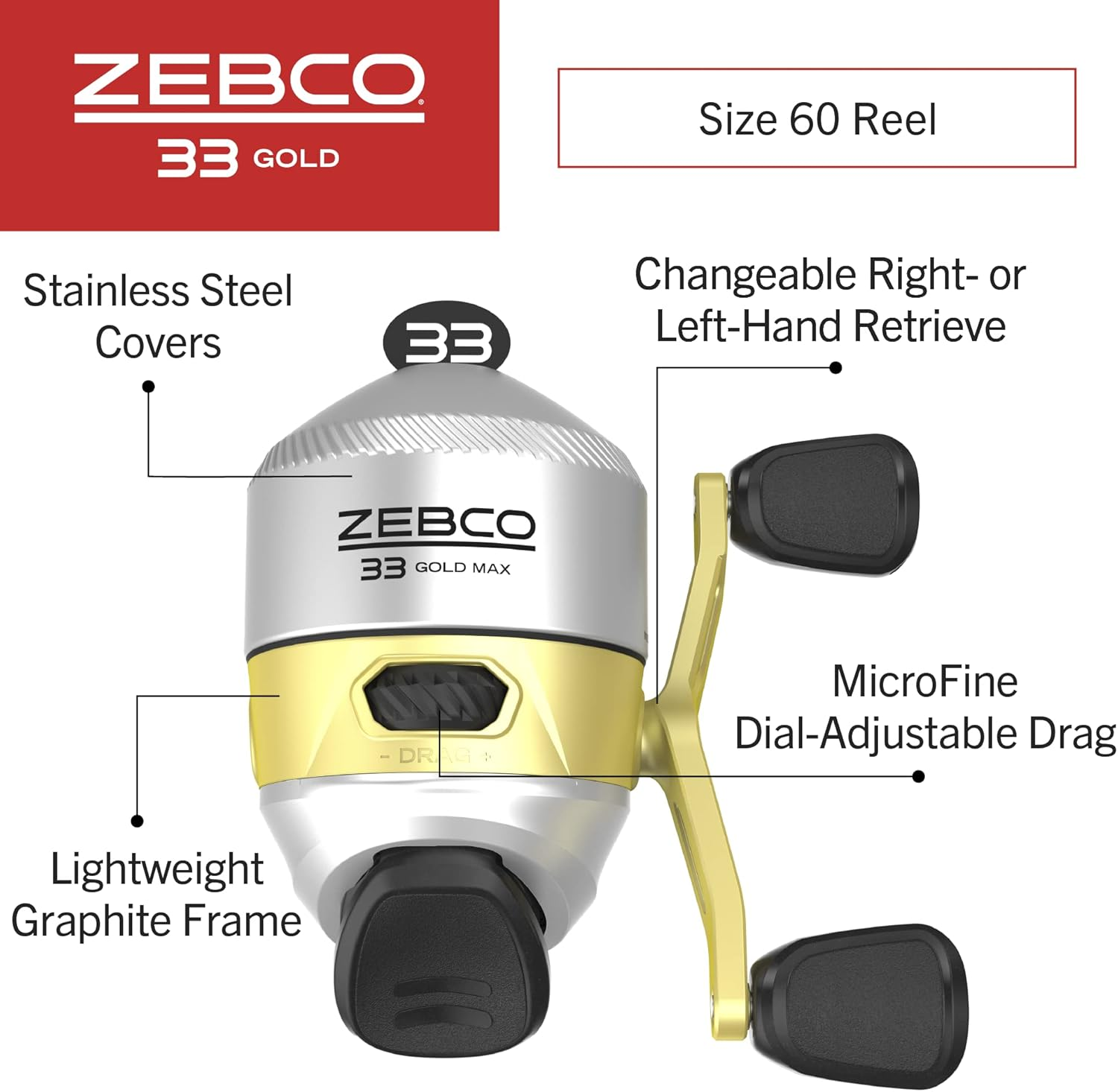 Zebco 33 Gold Spincast Fishing Reel, 3 Ball Bearings, Instant Anti-Reverse with a Smooth Dial-Adjustable Drag, Powerful All-Metal Gears with a Lightweight Graphite Frame, New Model image number 4