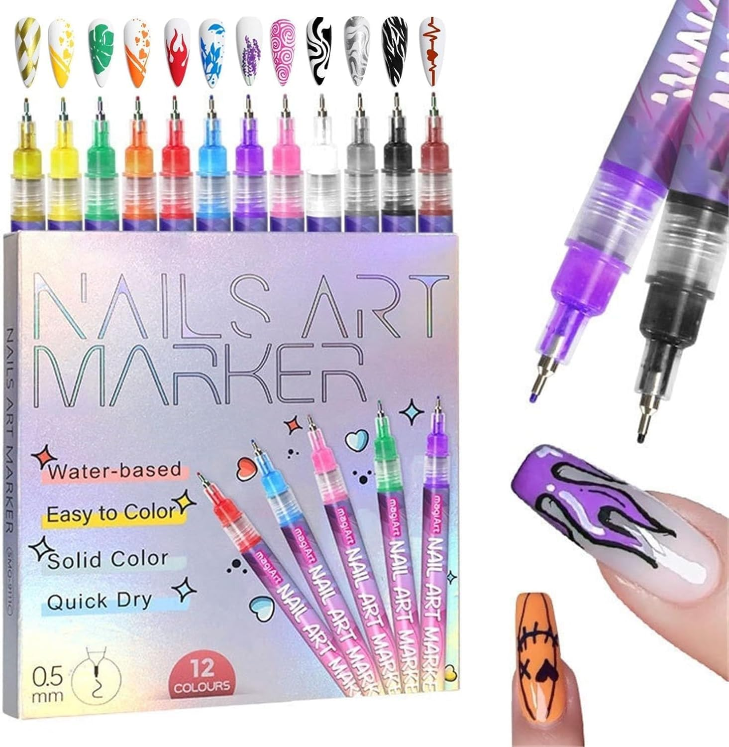12 Colors Nail Art Pens Set, Nail Art Markers for Gel Nails DIY Nail Art Marker Drawing Painting Liner Pen 3D Nail Polish Pens Quickly Dry Nail Art Nail DIY Decoration image number 2