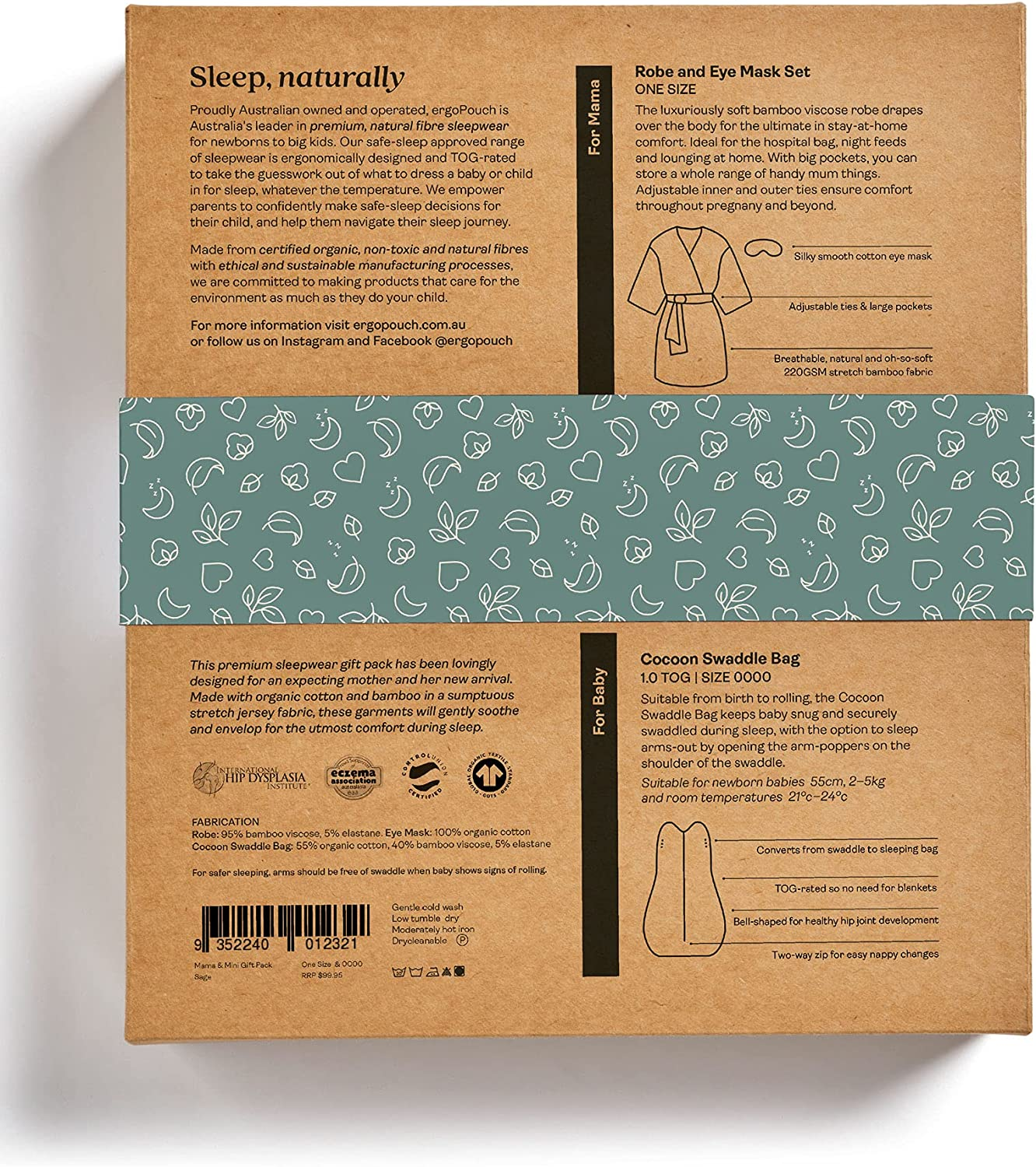 Ergopouch Mama & Mini Gift Includes Organic Cotton Cocoon Swaddle Bag 1.0 TOG for Newborn Babies, Eye Mask & Matchy Matchy Robe, One Size Fits Most, Sage, Pack of 3 image number 1