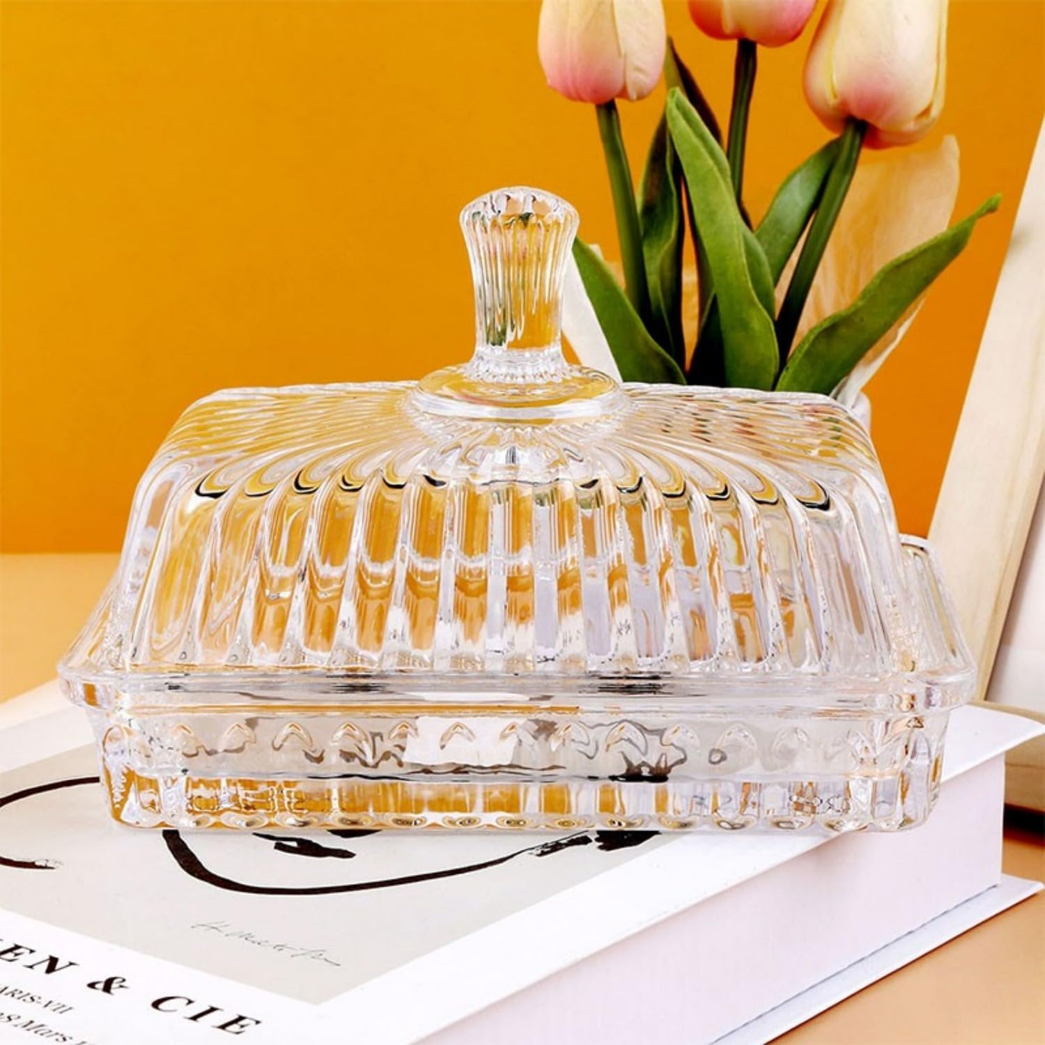 UPAUS Glass Butter Dish with Lid, 16Cm Clear Classic Crystal Covered Butter Container for Countertop, Butter Keeper for Fridge, Butter Holder for Home Kitchen, Dishwasher Safe image number 3