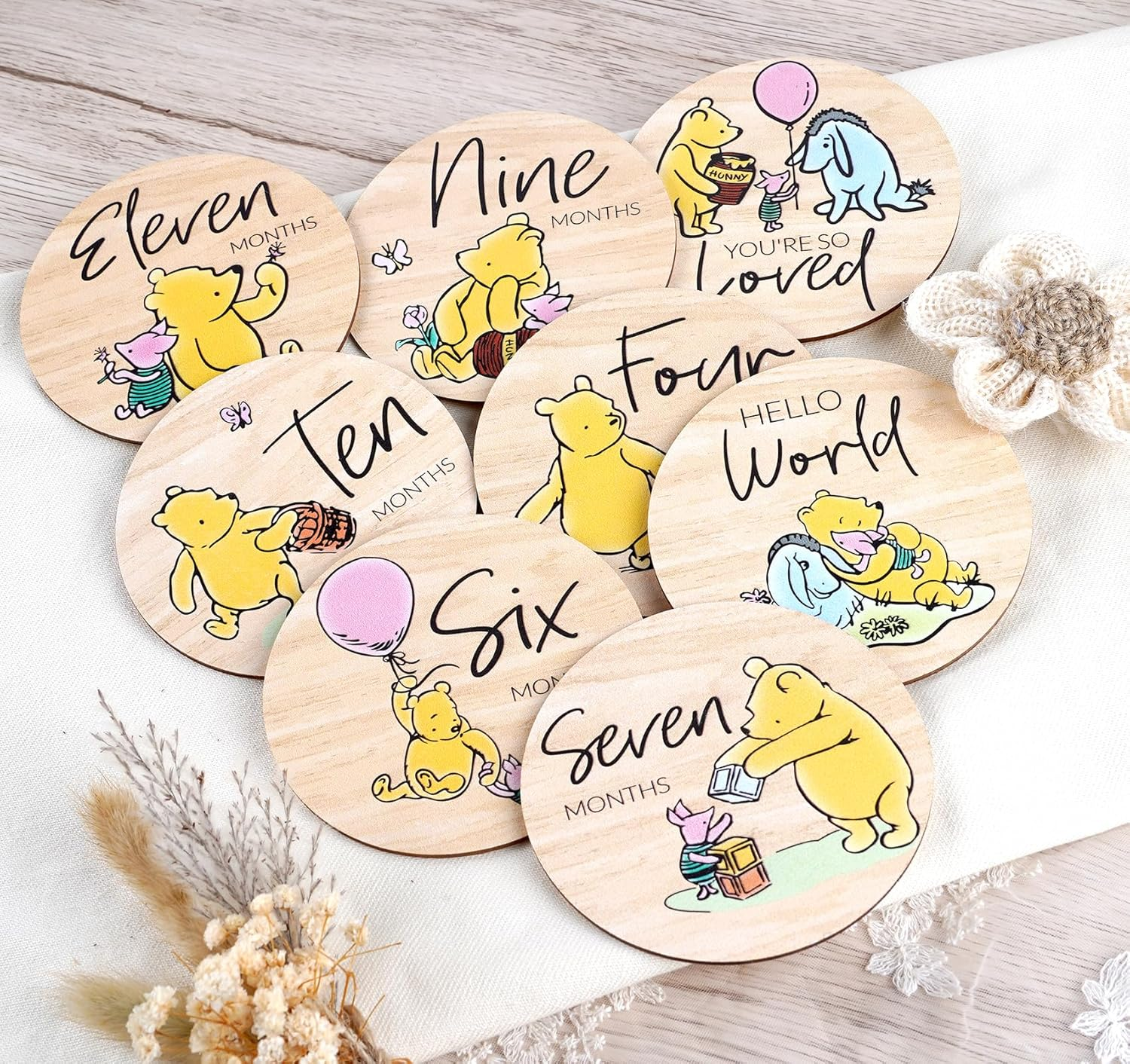 Winnie Baby Milestone Cards, Wooden Cirles Discs for Baby Photo Prop with Announcement & Hello World Sign - 8Pcs Double Sided Markers for Baby Shower Nursery Gift image number 5