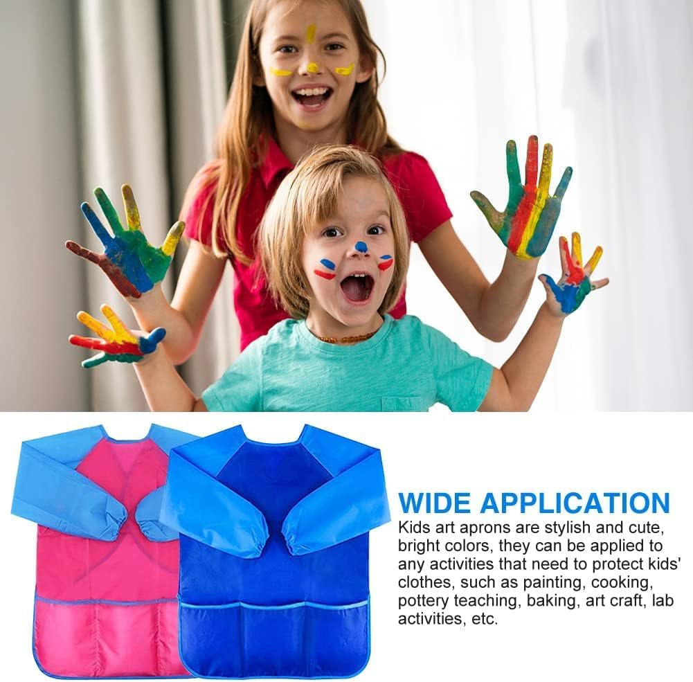 WADY Kids Painting Apron, Waterproof Art Smocks for Child 5-8 Years, Child Height 120Cm, Children Artist Apron with Long Sleeve and 3 Pockets, Baking/Cooking/Painting/Art Craft Aprons image number 2