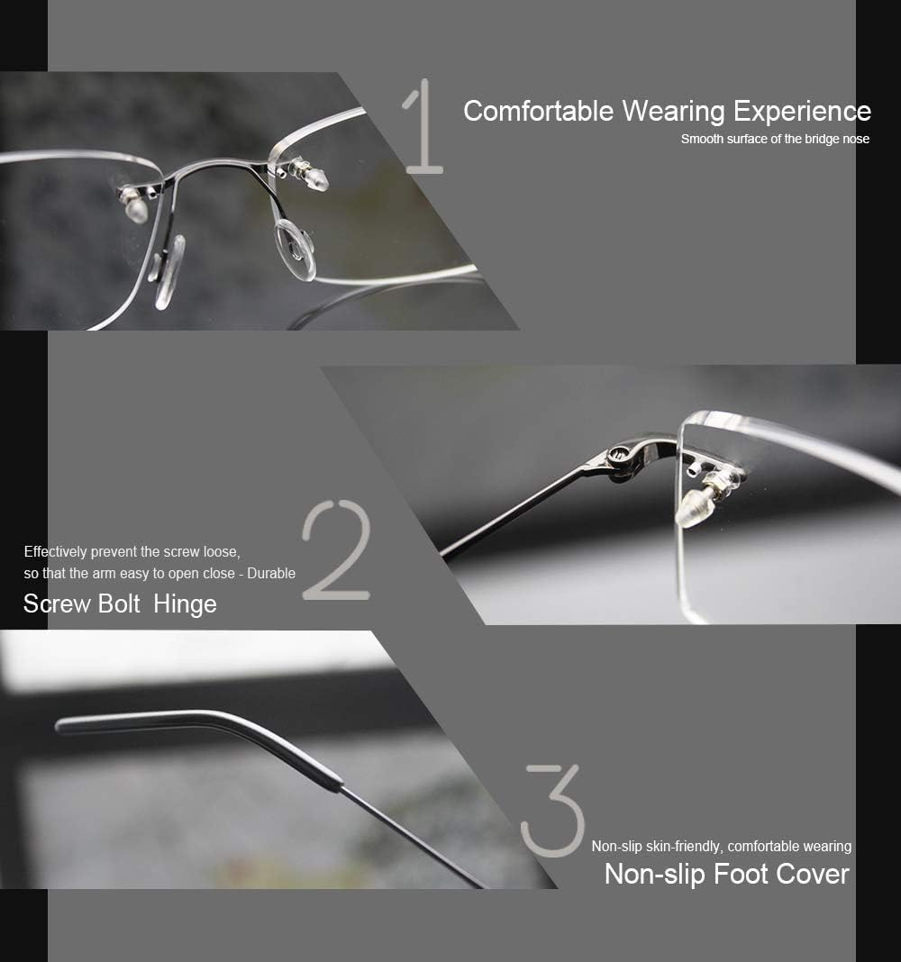 Men Women Eyeglasses Rimless Metal Lightweight Clear Lens Optical Frames Gray Glasses - Black Glasses image number 2