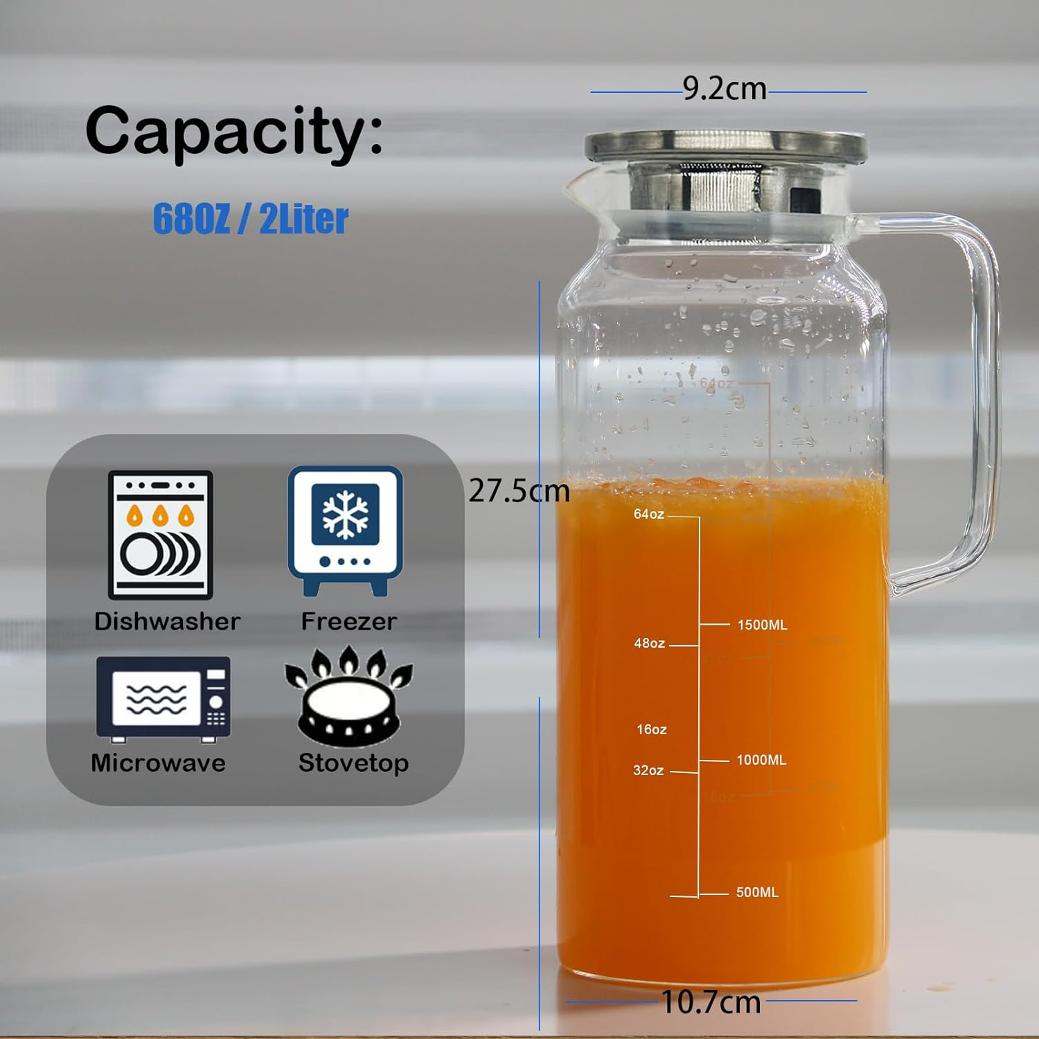 Glass Pitcher with Lid and Spout 2 Liter, Ekvinor Water Pitcher for Fridge, Glass Carafe for Hot/Cold Water, Large Iced Tea Pitcher for Coffee, Juice and Homemade Beverage image number 6