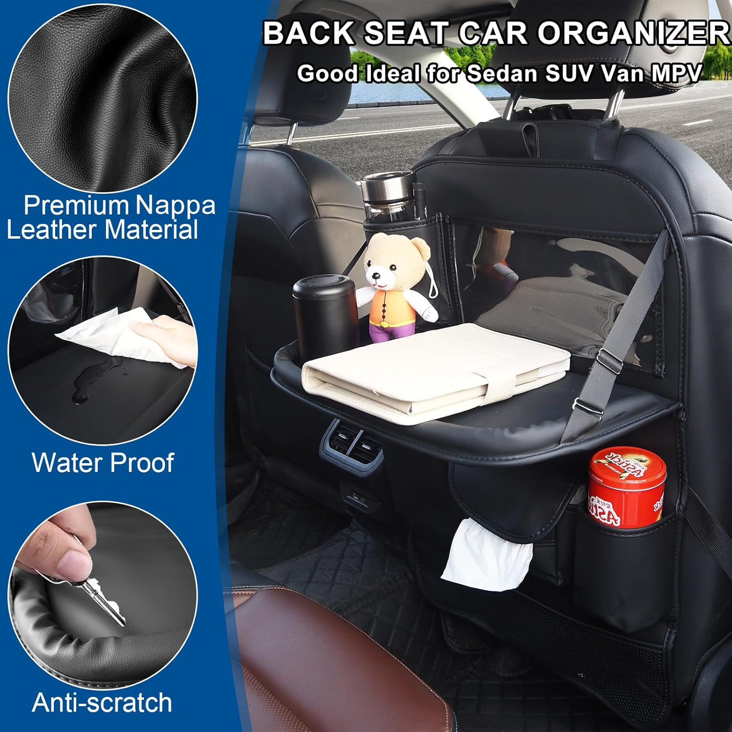 Nappa Leather Car Seat Organizer Kids Travel Tray [1 Pack], Foldable Car Backseat Tablet Holder Storage Bag, Universal Auto Organizer for Car SUV, Multifunction Seat Back Kick Mat Protector image number 4