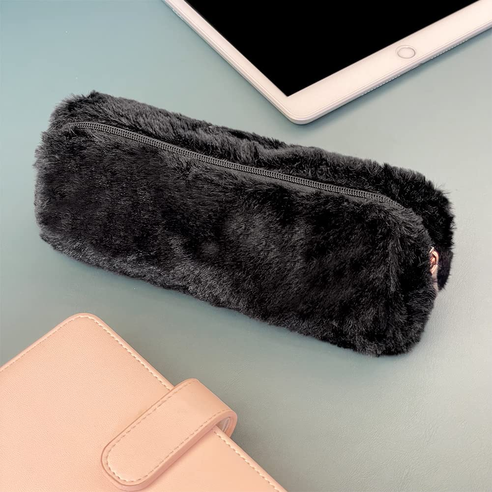 Pencil Cases - Pen Bag Girl Cute Plush Octagonal Pencil Case Makeup Pouch Holder Super Soft Fluffy Faux Fur Barrel Kids Students Stationery Cover Storage Bag for School Office or Home (Black) image number 2