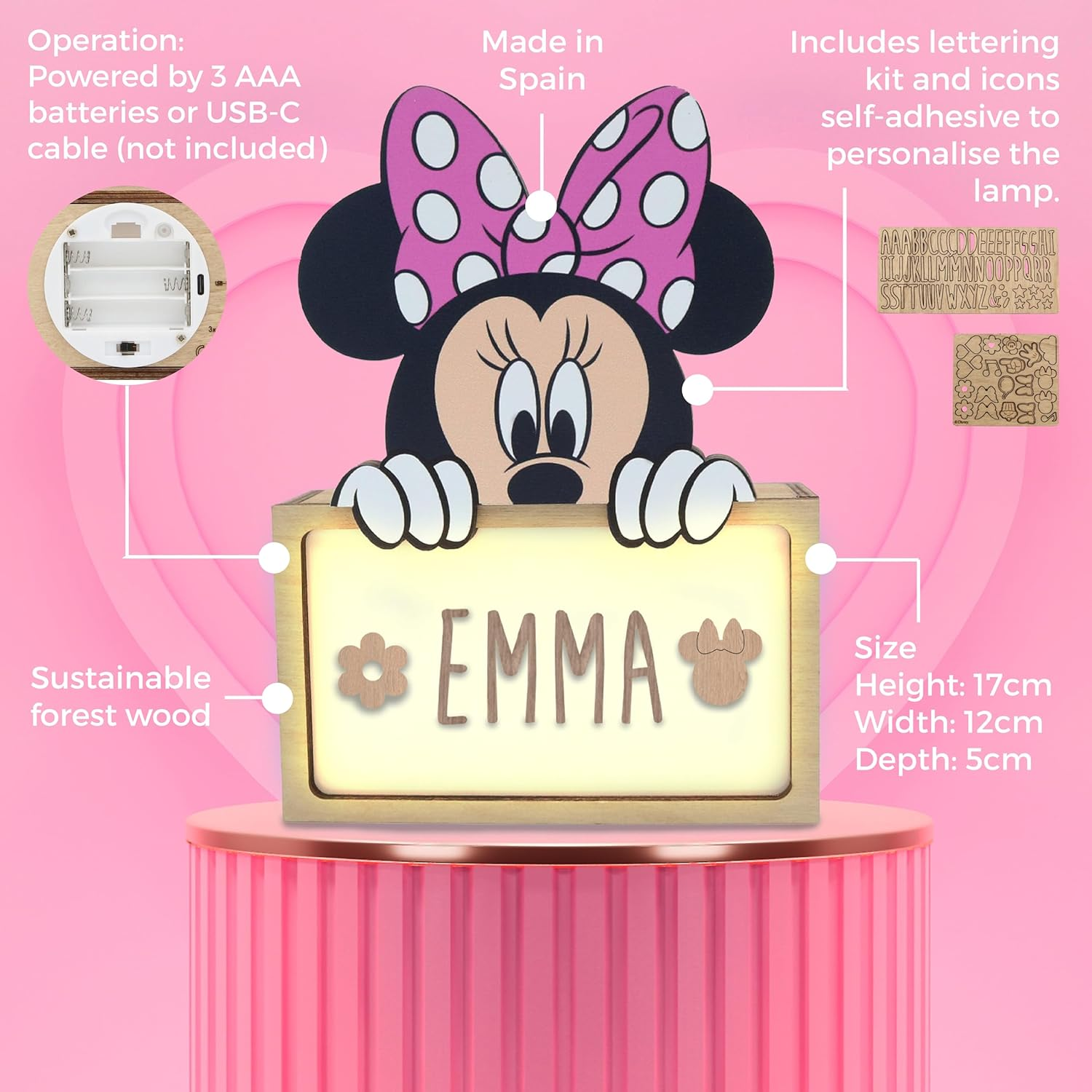 WONDEE Official Disney Minnie Mouse Lamp Personalised - Night Light Baby Minnie Mouse, Gifts for Birth, Christening Gifts for Girls Personalised Gifts Baby, Disney Gift Ideas - Angel Stitch image number 5