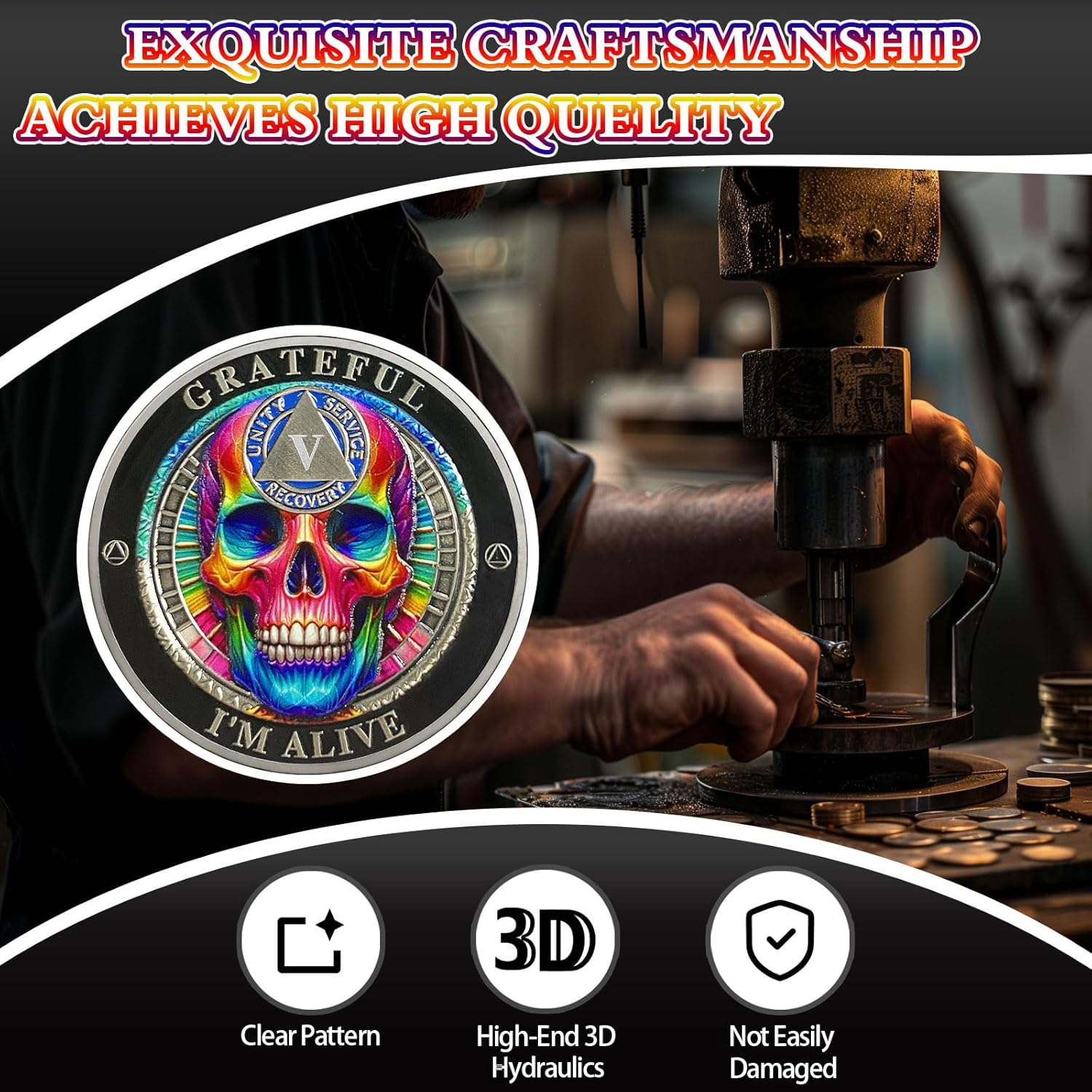 Rainbow Skull 5 Year Sobriety Coin Grateful I'M Alive Five Years Sober Chip - AA Chips and Medallion - AA Coin with Serenity Prayer Sobriety Gifts for Men Women image number 5