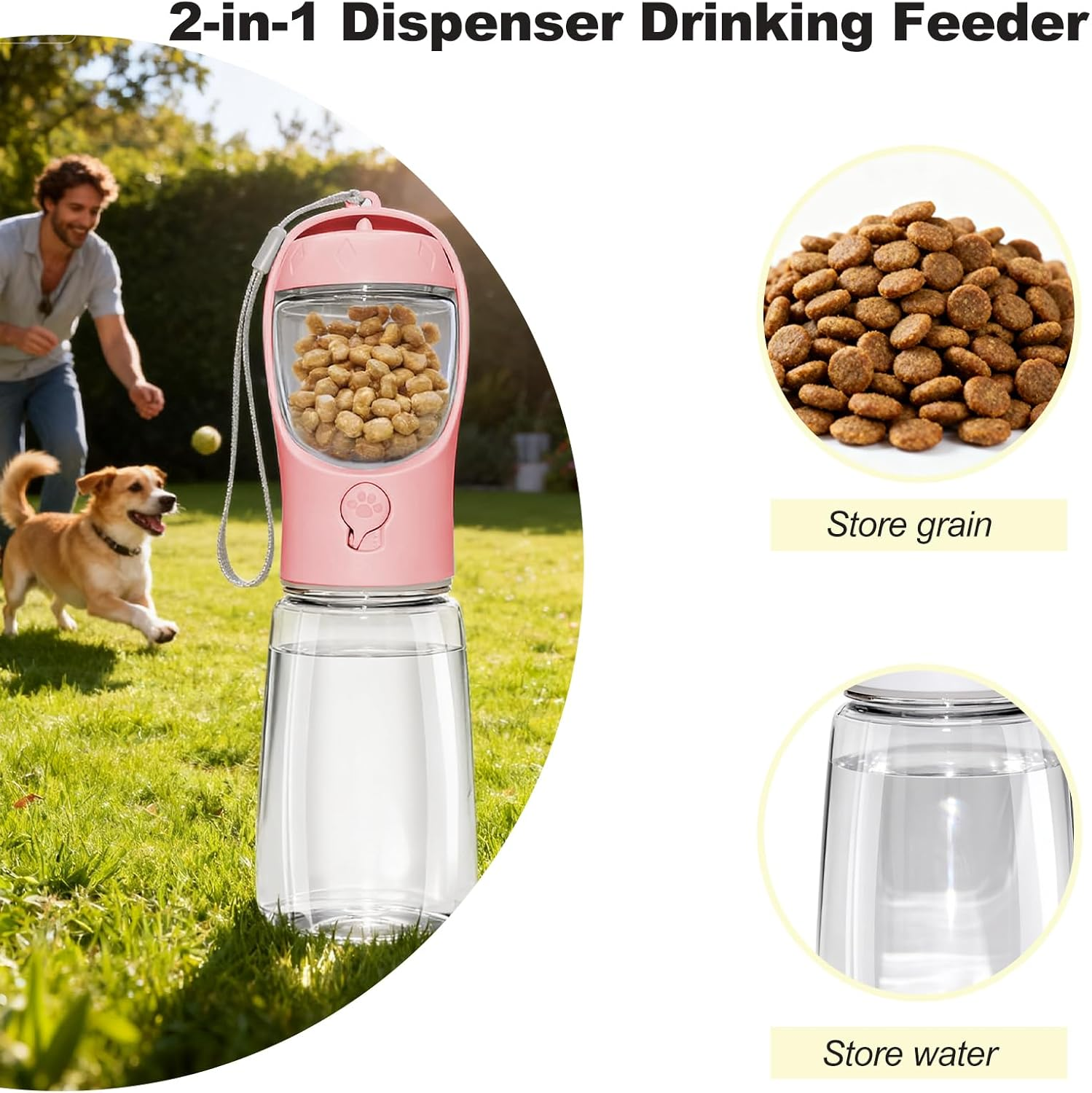 Dog Water Bottle, Multifunctional Portable Bottle with Food Container, Dogs Bottle Suitable for Outdoor Activities (Pink 12Oz) - Pink 19Oz image number 2