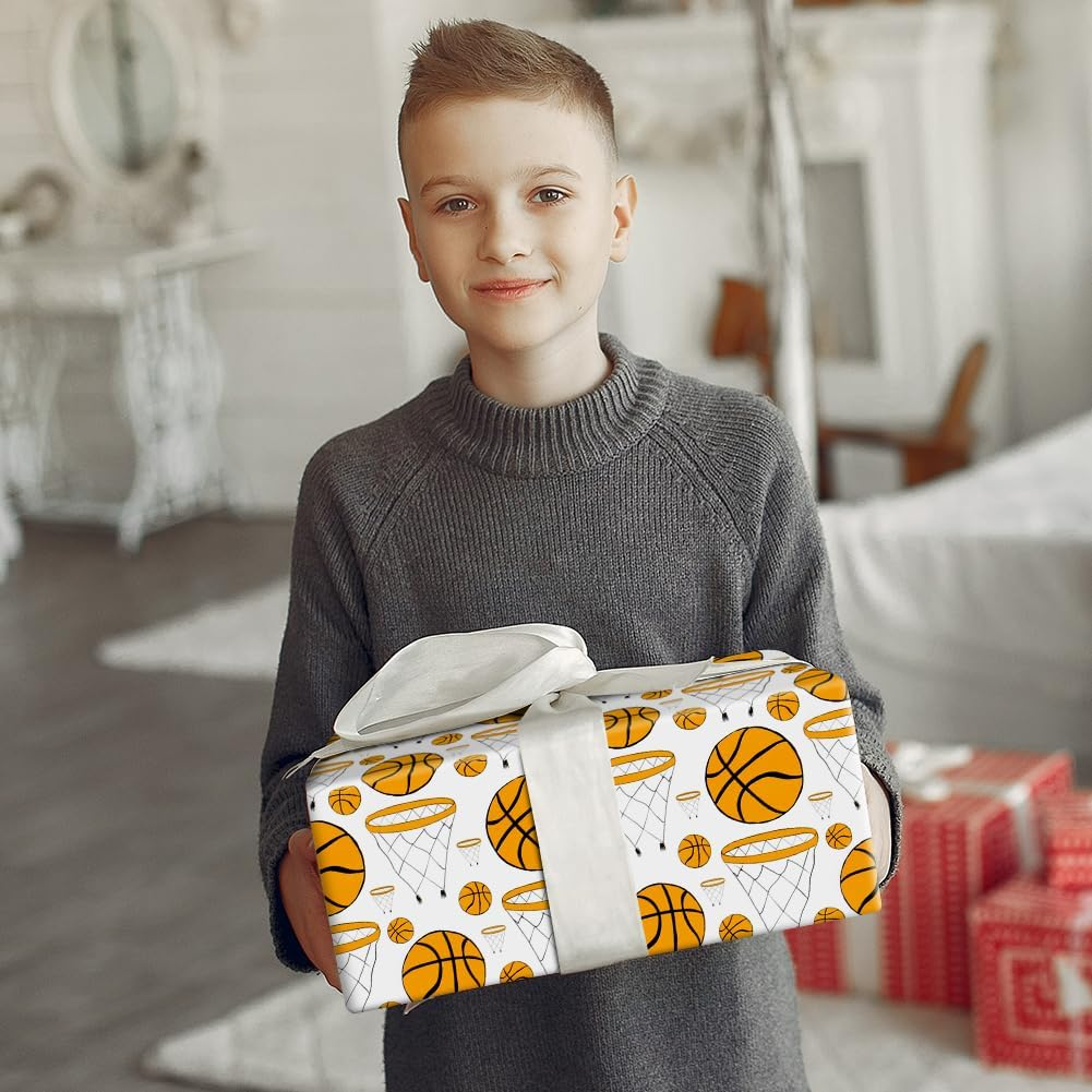 Basketball Wrapping Paper for Men Women, Large & Small Basketballs/Hoops Patterns on White Art Paper - Sports Theme Design for Basketball Player Kids Boys Girls Birthday Party Match Gift Wrap Paper image number 5