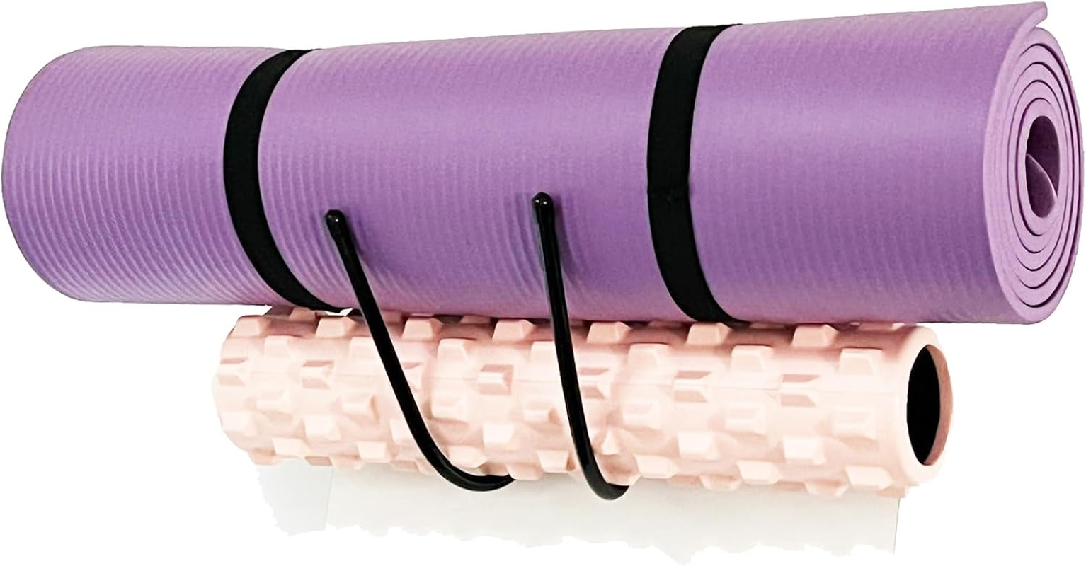 Upgraded Large Yoga Mat Holder Wall Mount, Metal Storage Rack for Yoga Mat/Wheels, Foam Roller Etcs, Wall Rack Organizer Hooks for Hanging Stretching Strap & Resistance Bands, Yoga Room/Home Gym Decor image number 3