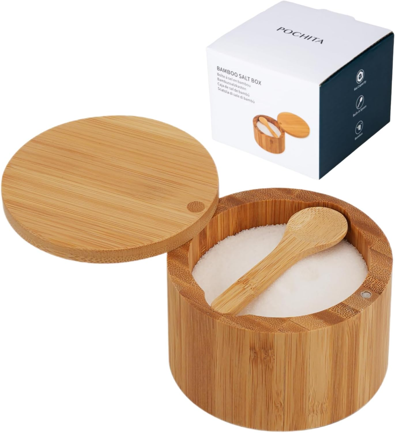 Bamboo Salt Cellar Bowl Box with Swivel Magnetic Lid to Avoid Dust, Elegant Kitchen Salt Container Holder with to Storage Pepper Spice Bath & Sea Salts, 6Oz（Built-In Spoon）