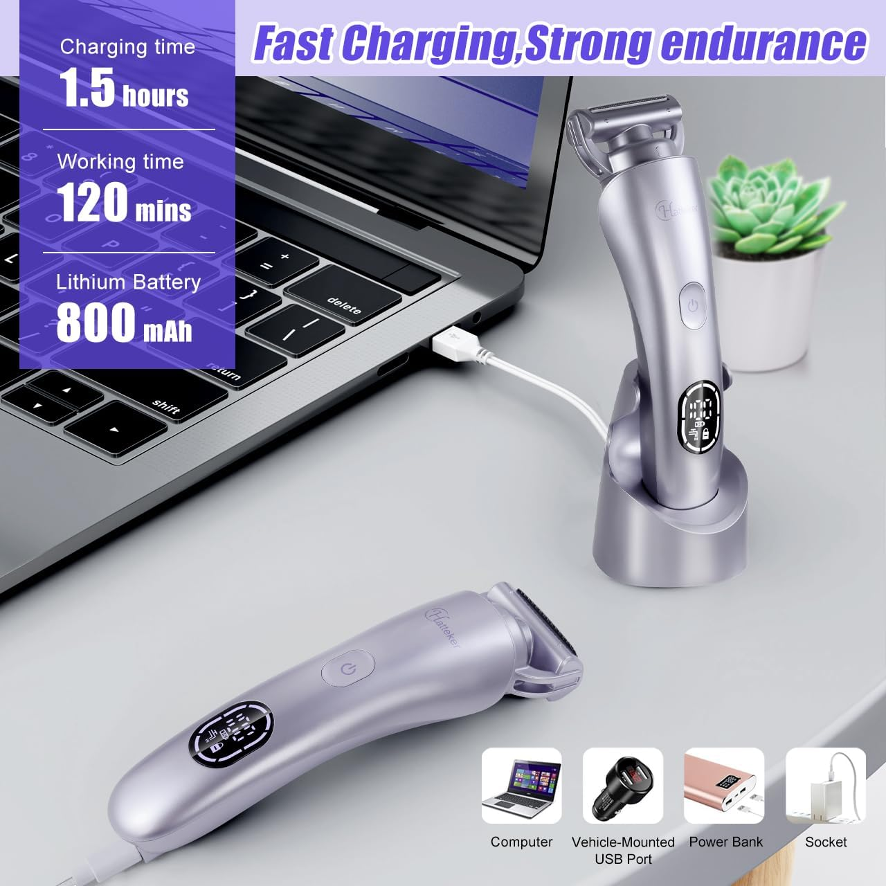 Hatteker Women'S Electric Shaver Bikini Trimmer Hair Trimmer for Women Electric Razor for Legs Bikini Underarm Pubic Hairs IPX7 Waterproof USB Rechargeable with LED Light (Purple) image number 3