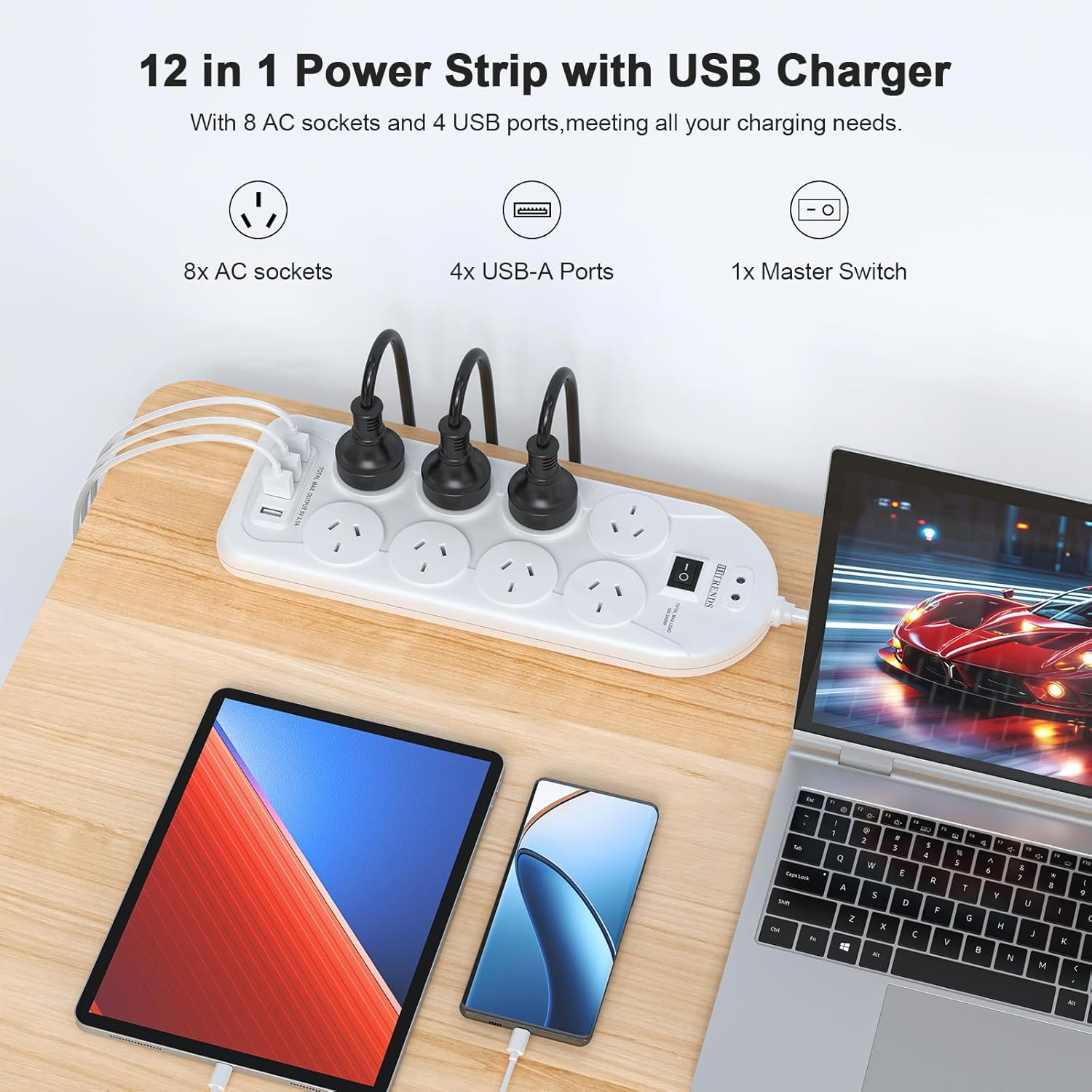 Power Board Surge Protected, Power Strip with 8 AC Outlets and 4 USB Charging Ports, USB Power Board with 1.5M Extension Cord, Wall Mount for Home Office - Black image number 3