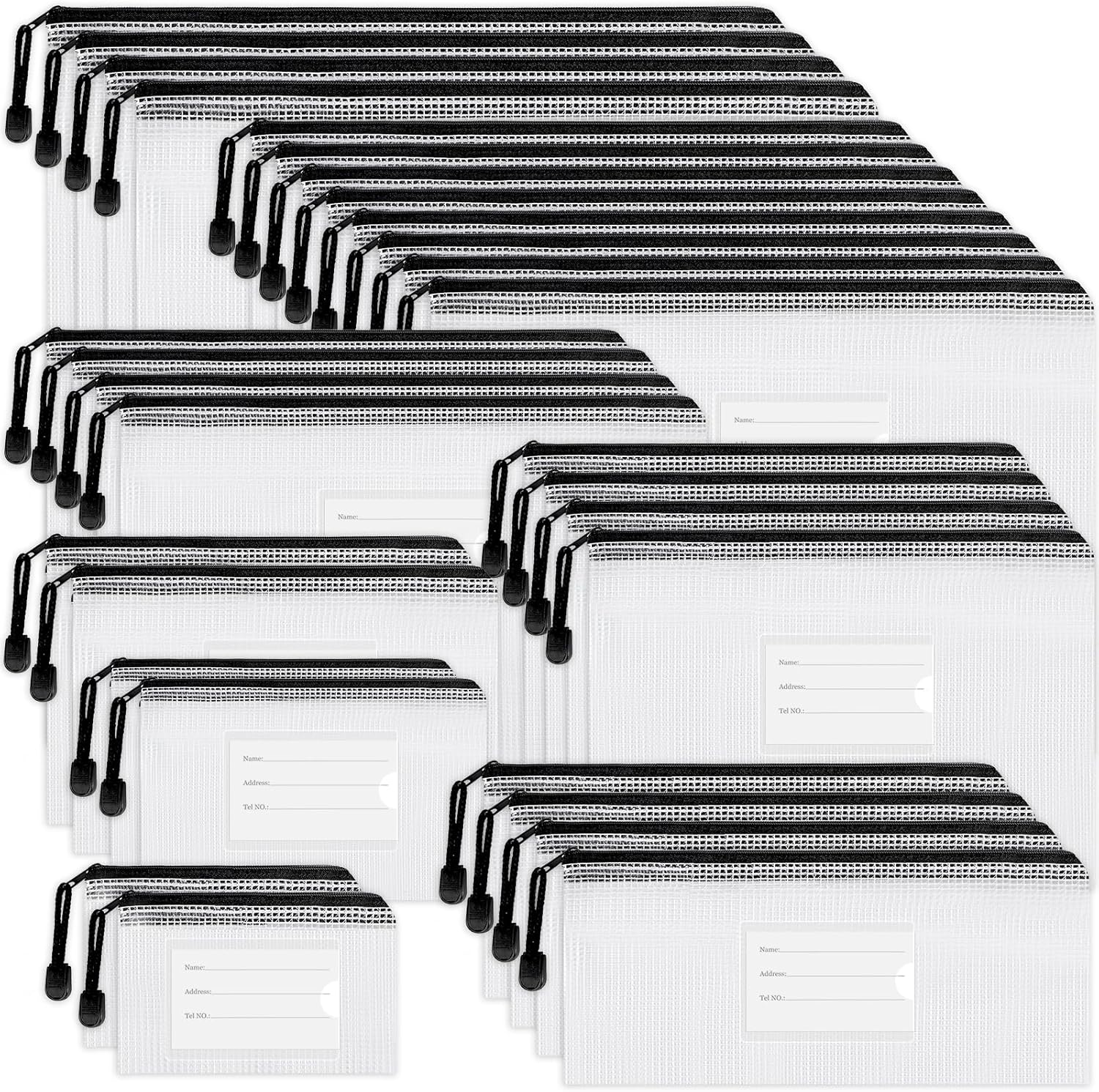 EOOUT 30Pcs Mesh Zipper Pouch, Waterproof Zipper Bags, 8 Sizes Waterproof Plastic Document Pouch, 8 Colors, Multipurpose for Travel Storage, Office Appliances and Home Organize