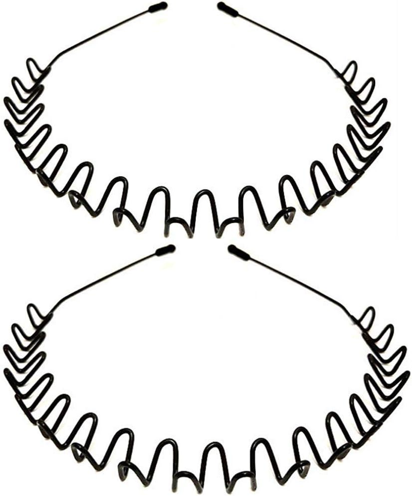 Metal Headbands, Wantgor 2 Pack Fashion Unisex Black Hairband Spring Wave Non Slip Sports Headwear Hair Hoop Hair Accessories (Black, 2 Pack) image number 6