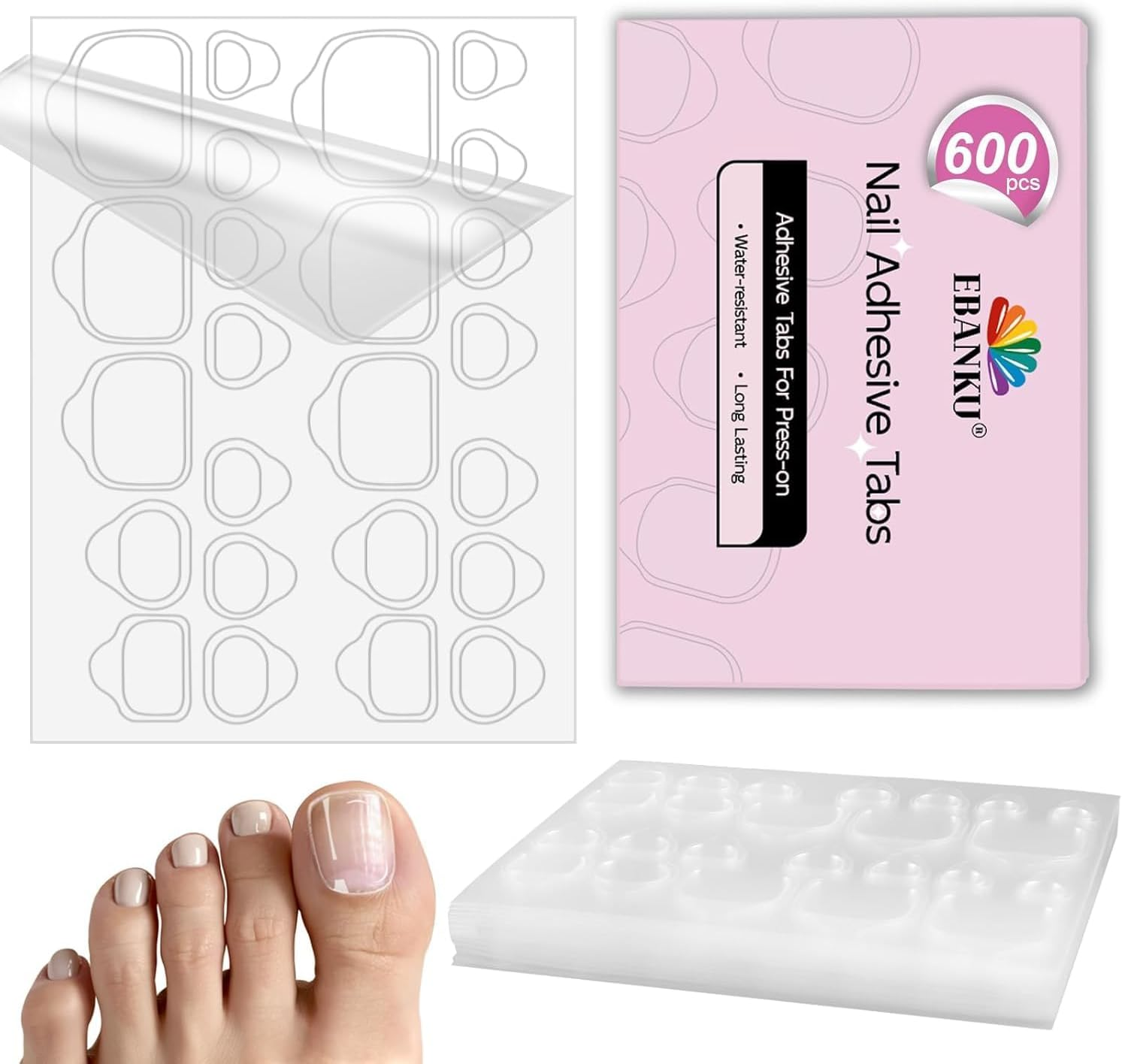 600PCS Nail Adhesive Tabs for Toenail, EBANKU Waterproof Breathable Toenail Glue Stickers Ultra-Thin Press on Nail Sticky Tabs in 12 Sizes, 25 Sheets Double Sided Transparent Nail Tape for DIY image number 4