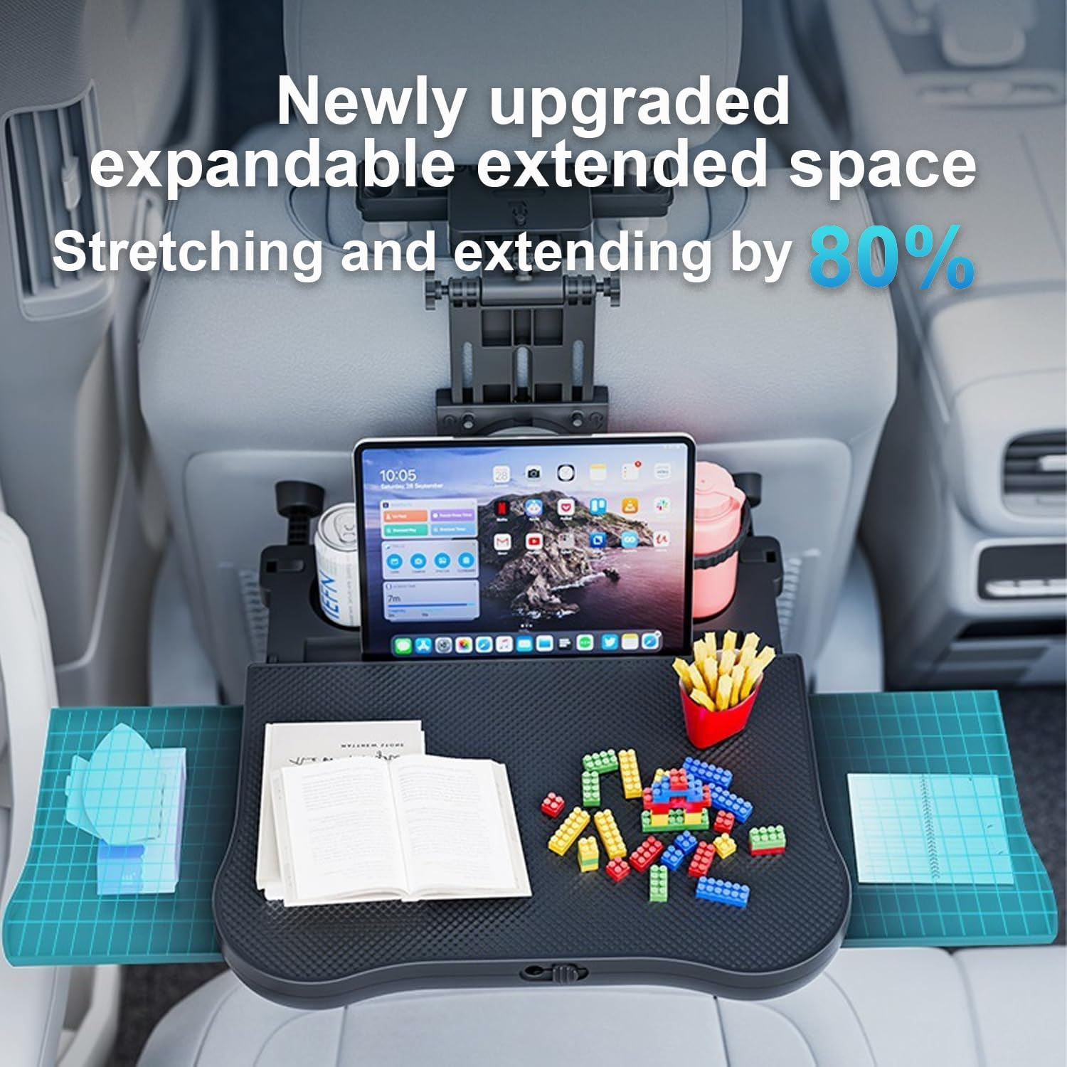 Mfancy Car Seat Table with Expandable Tray | Car Desk&ndash;Foldable Laptop Table for Steering Wheel & Backseat | Car Accessories for Eating, Work, Kids Study | Universal Fit with Cup & Phone Holder image number 1