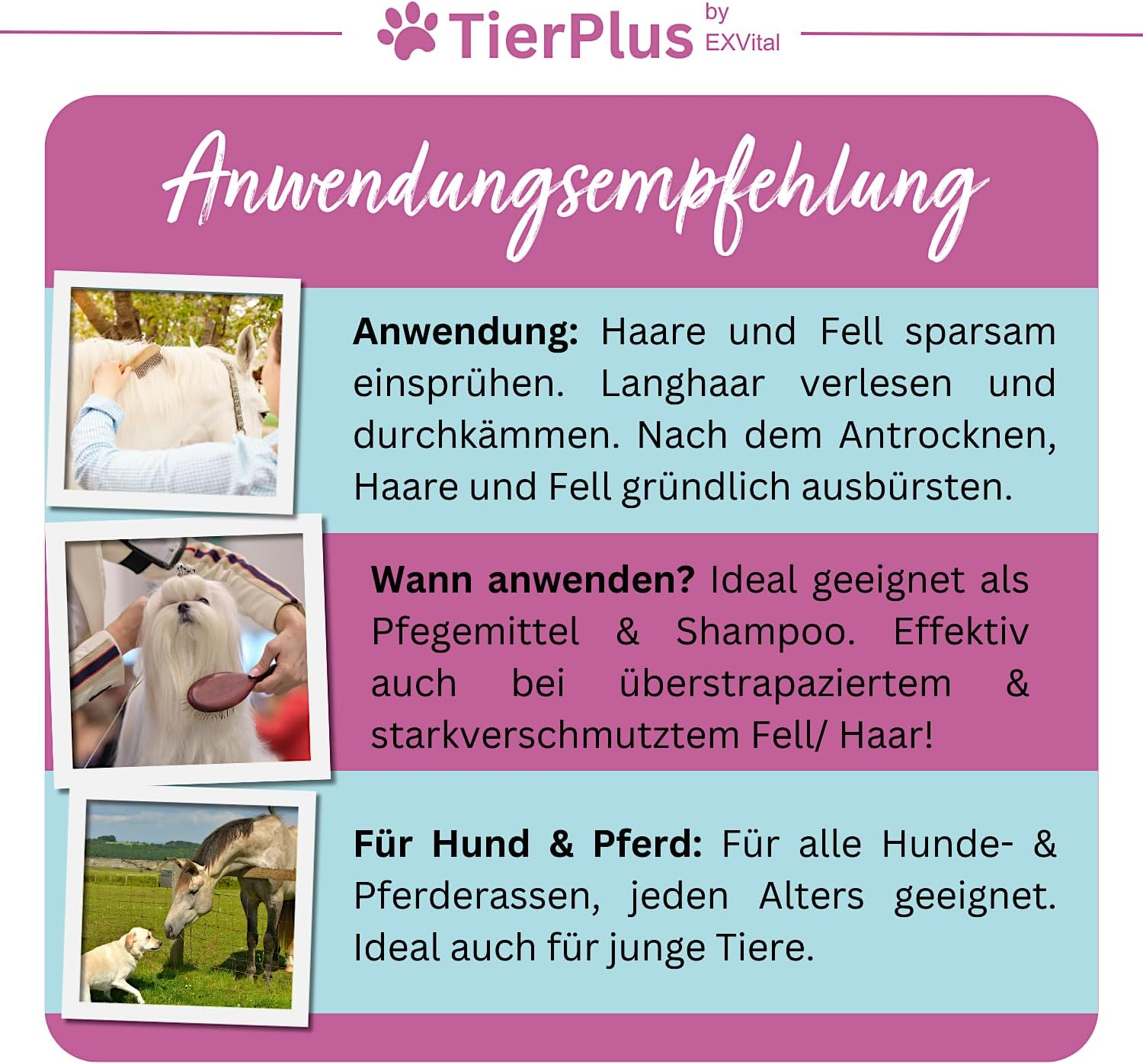 Tierplus Haarpracht Spray for Horses & Dogs, 500 Ml Spray Bottle, Coat, Tail & Mane Spray, Care Spray for Silky Shine, Easy Combing & Detangling, Naturally Skin-Friendly Care image number 3