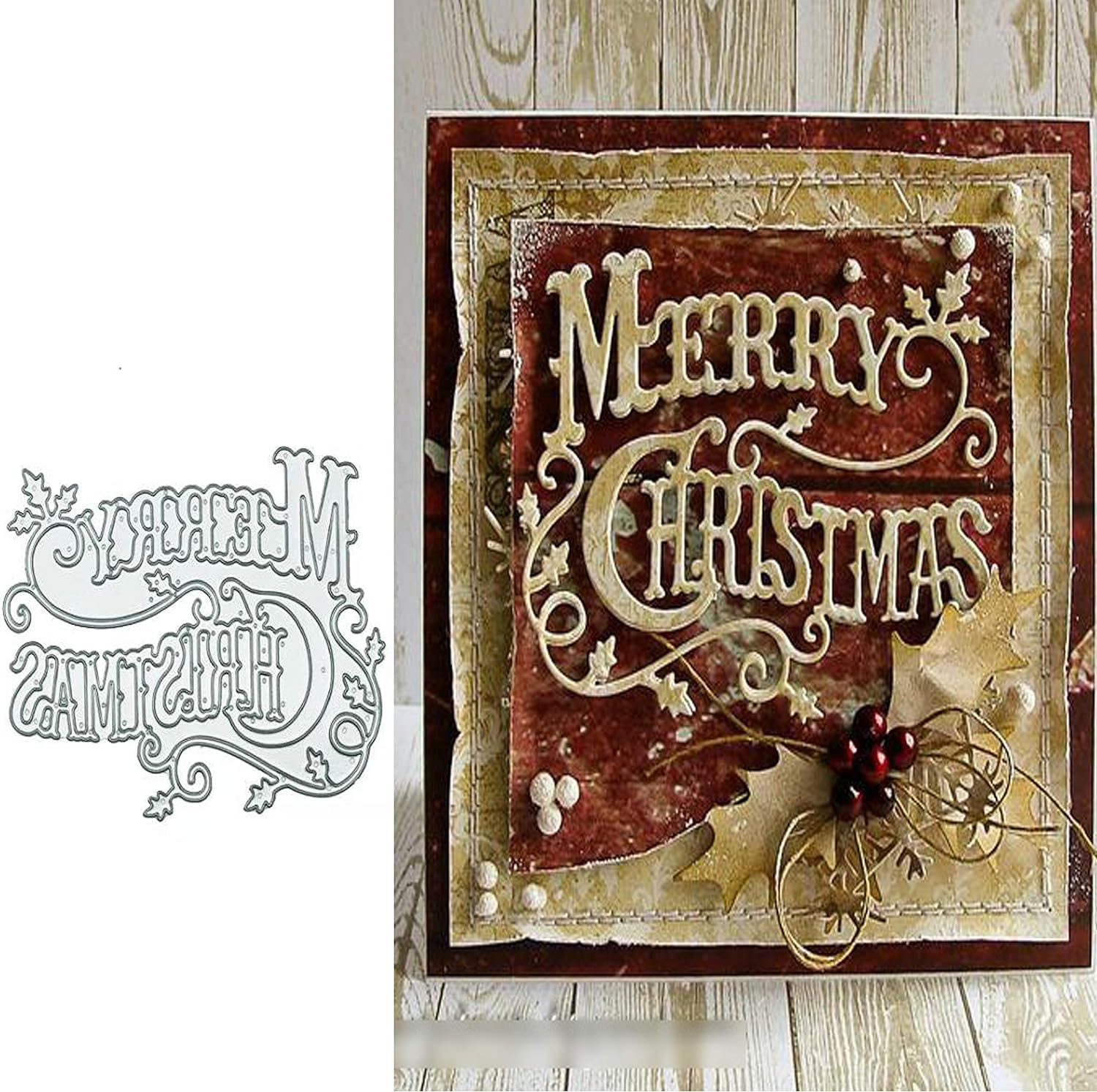 Merry Christmas Holly Leaves Metal Die Cuts, Christmas Word Background Layering Cutting Dies Cuts for Album Card Making Tools Scrapbooking DIY Decoration image number 2