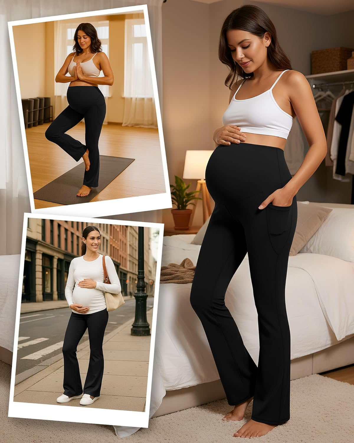 Coume 3 Pack Maternity Pants for Women Stretchy Pregnancy Flare Leggings with Pockets over the Belly Work Bootcut Yoga Pants image number 5