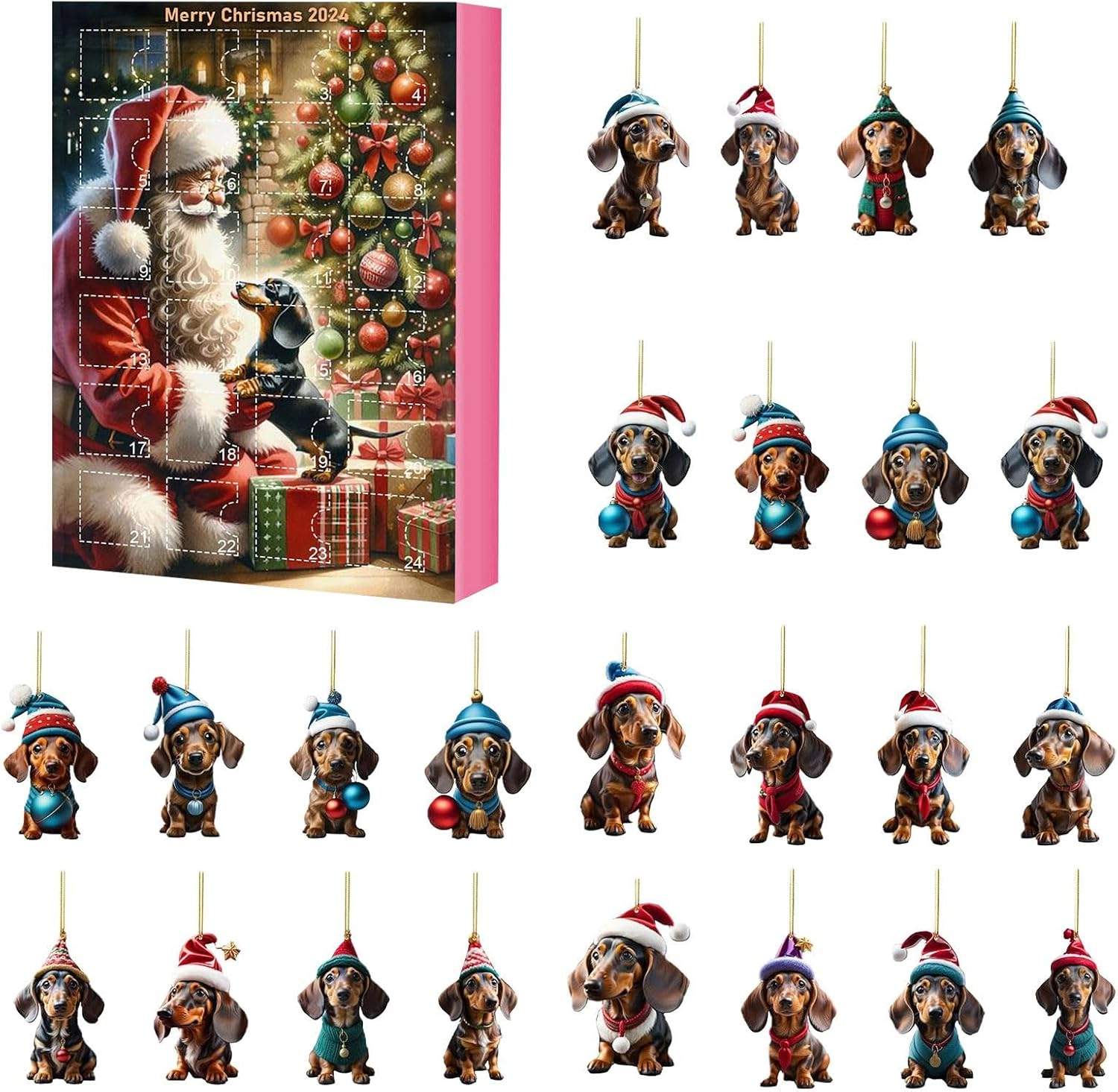 Dachshund Advent Calendar 2024, Funny Dog Christmas Countdown Calendar 2024, 24 Days Christmas Advent Calendar with Dachshund Ornament, Christmas Collectible Cute Dog Set for Kids Adults