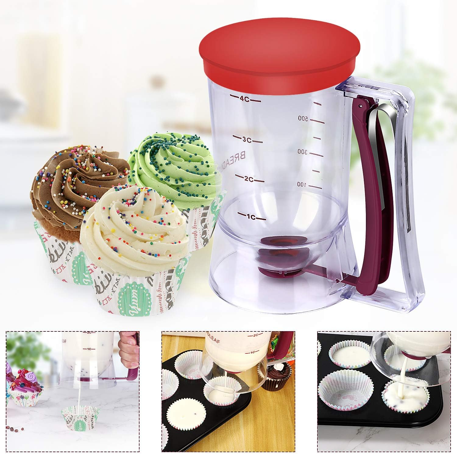 BBSTARZ Batter Separator Cupcakes Pancakes Cookie Cake Waffles Batter Dispenser Cookie Separator Batter Cream Speratator Cup Measuring Baking Tools (Purple+Red) - Purple+Red image number 3