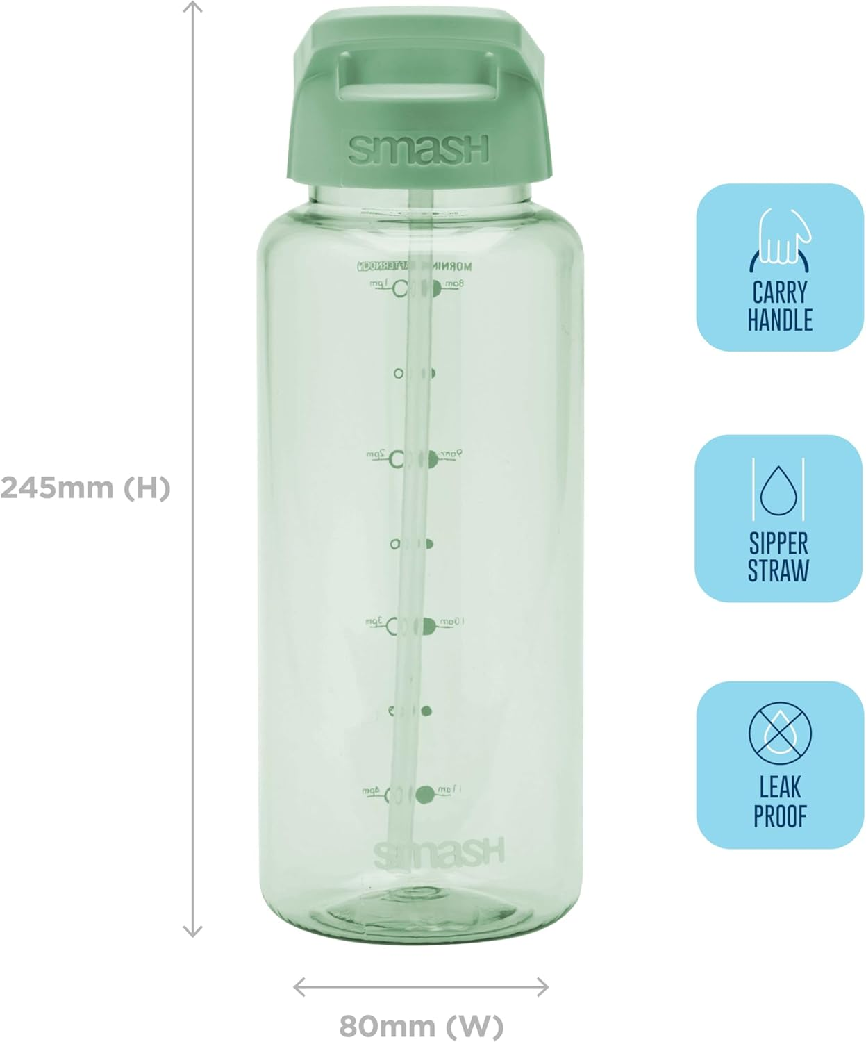 Smash 1 Litre Water Bottle with Water Timings, Sage image number 4