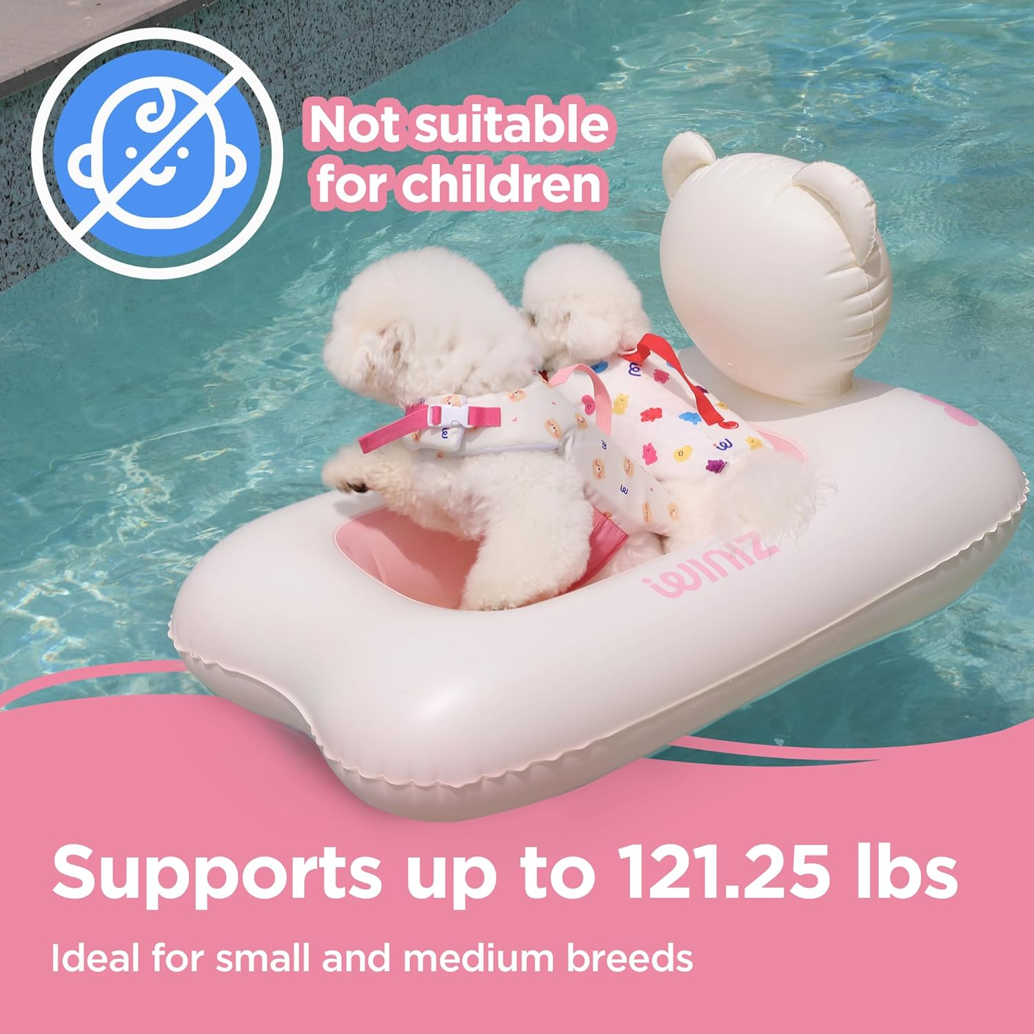 WINIZ Dog Float - Pink Bear Design Inflatable Rafts for Small Medium Dogs and Puppies - Essential Pet Supplies for Summer Outdoor Water Play Pool Lake River image number 6